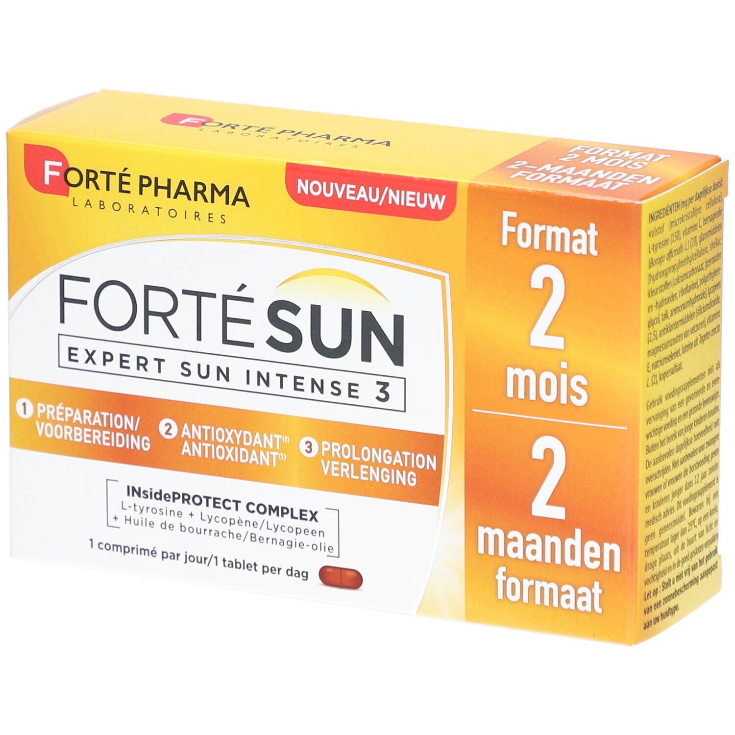 Boîte de Forté Sun Expert Sun Intense 3. Jaune, avec nom du produit et informations. Contient des comprimés.