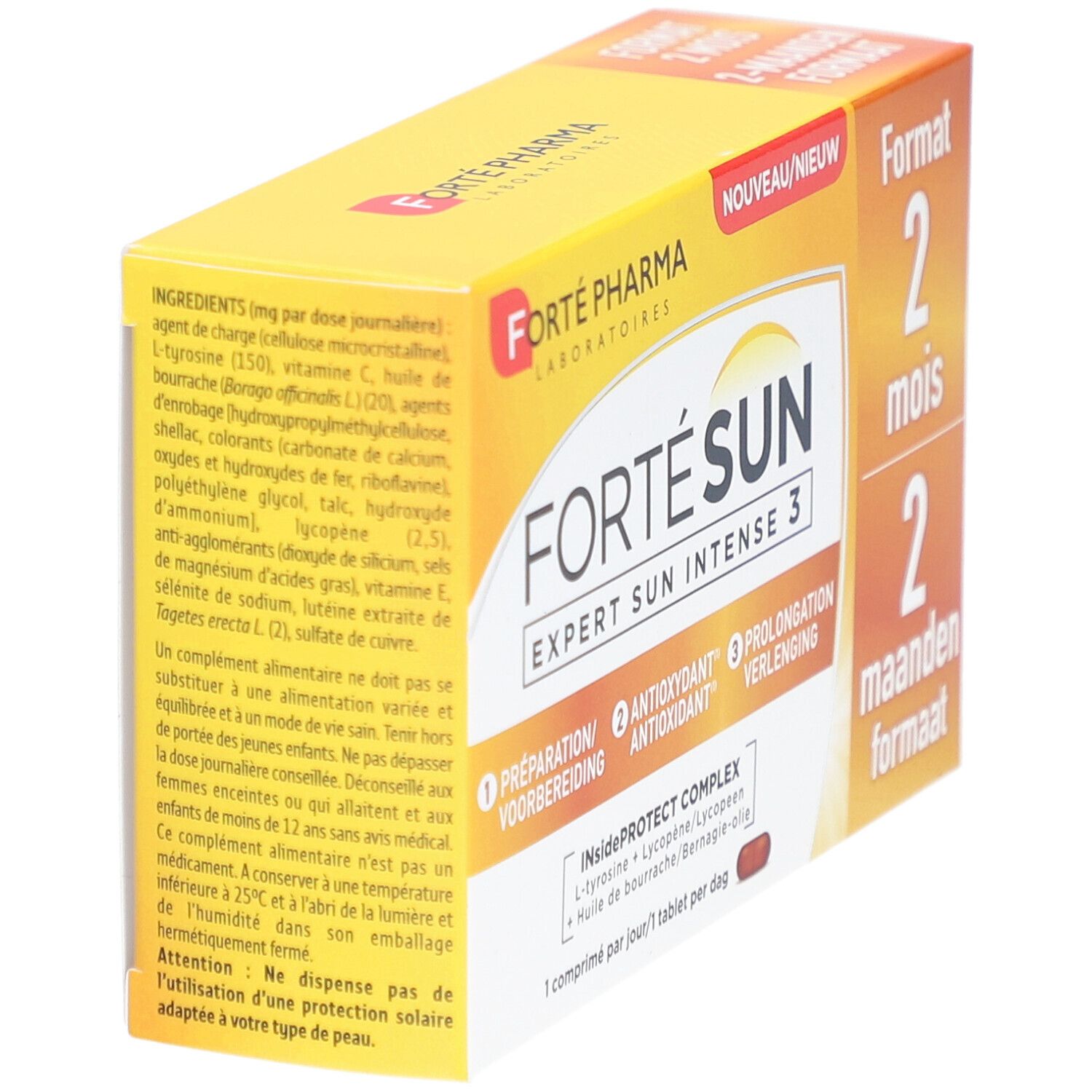 Boîte Forté Sun Expert Sun Intense 3. Jaune, avec informations et ingrédients. Contient des comprimés.