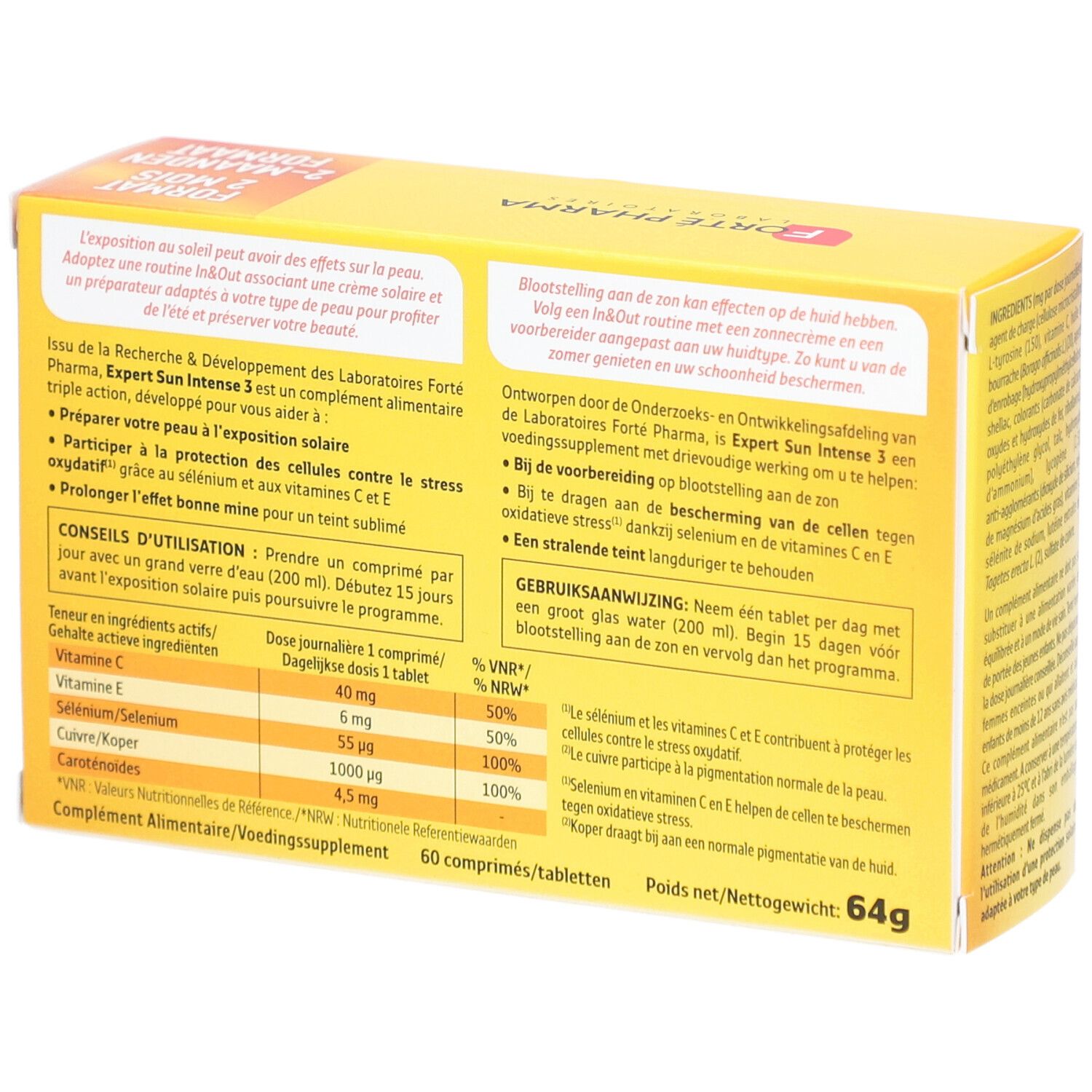 Dos de la boîte Forté Sun Expert Sun Intense 3. Jaune, avec informations et ingrédients.