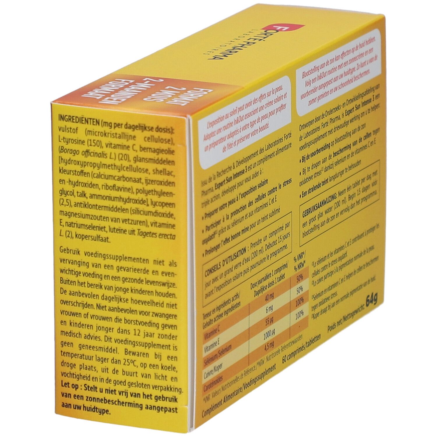 Dos de la boîte Forté Sun Expert Sun Intense 3. Jaune, avec informations et ingrédients.