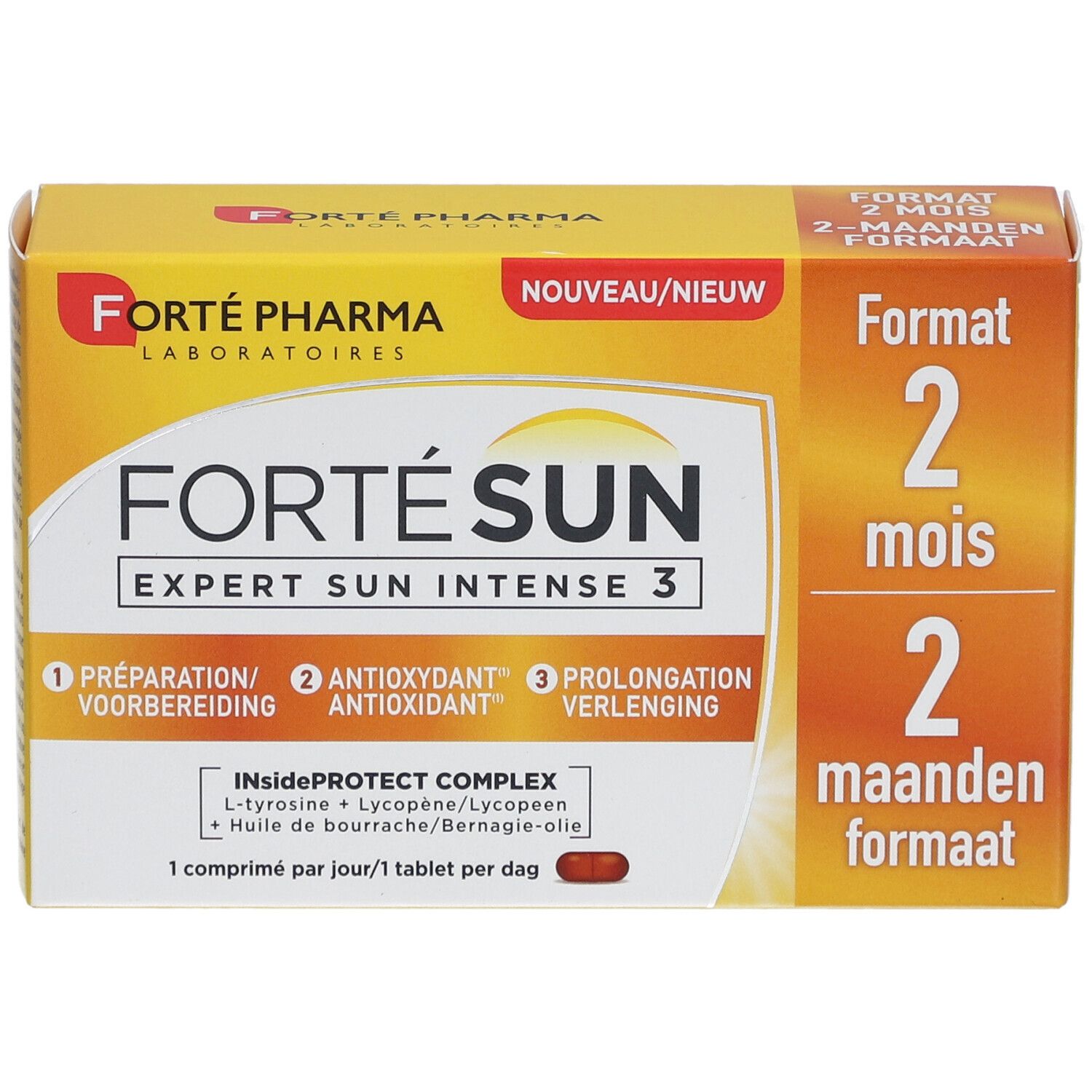 Boîte de Forté Sun Expert Sun Intense 3. Jaune, avec nom du produit et informations. Contient des comprimés.