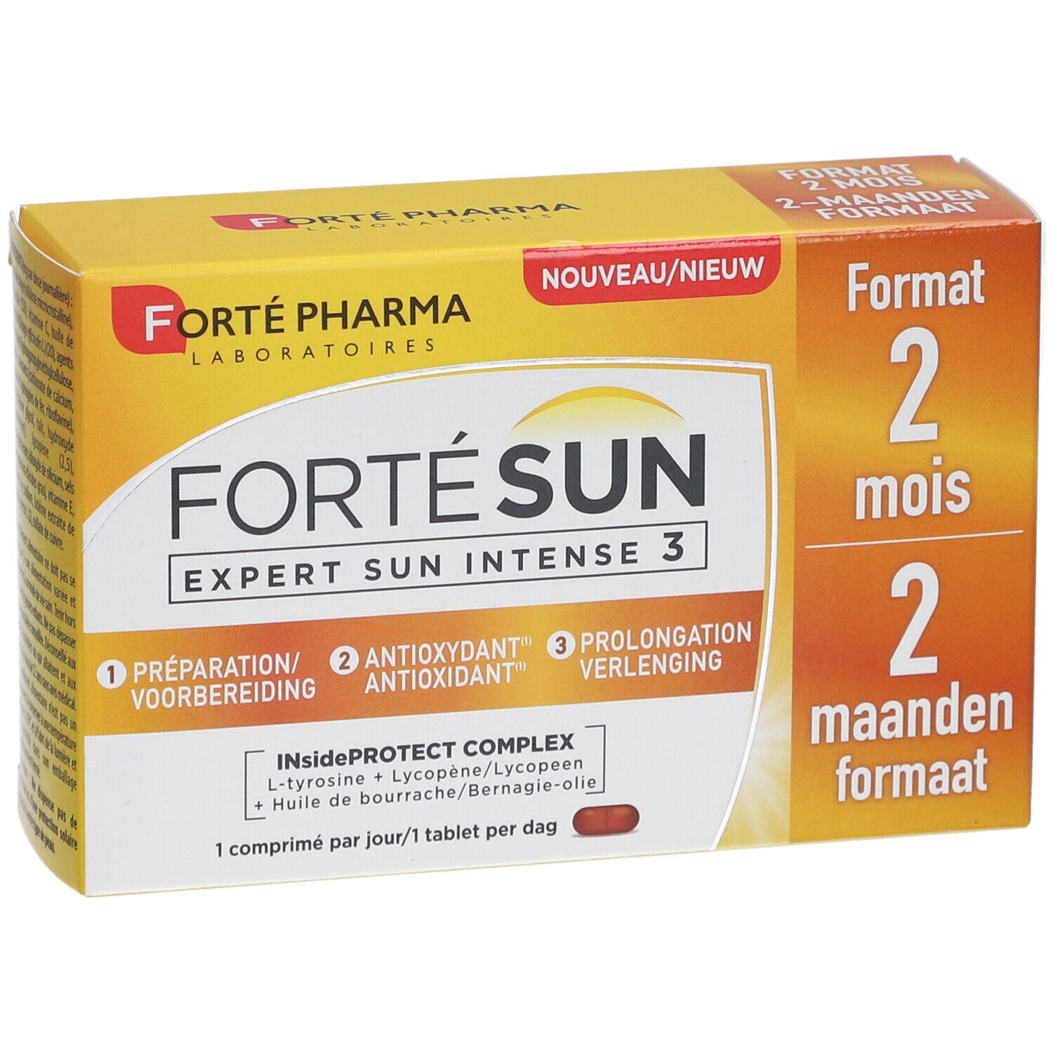 Boîte de Forté Sun Expert Sun Intense 3. Jaune, avec nom du produit et informations. Contient des comprimés.