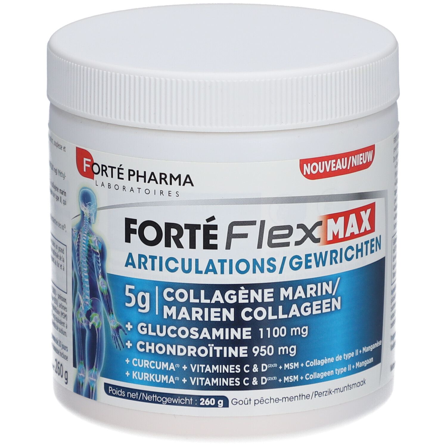 Pot blanc avec étiquette bleue. Texte: Forté Flex Max, articulations, collagène marin, glucosamine, chondroïtine, curcuma, vitamines.