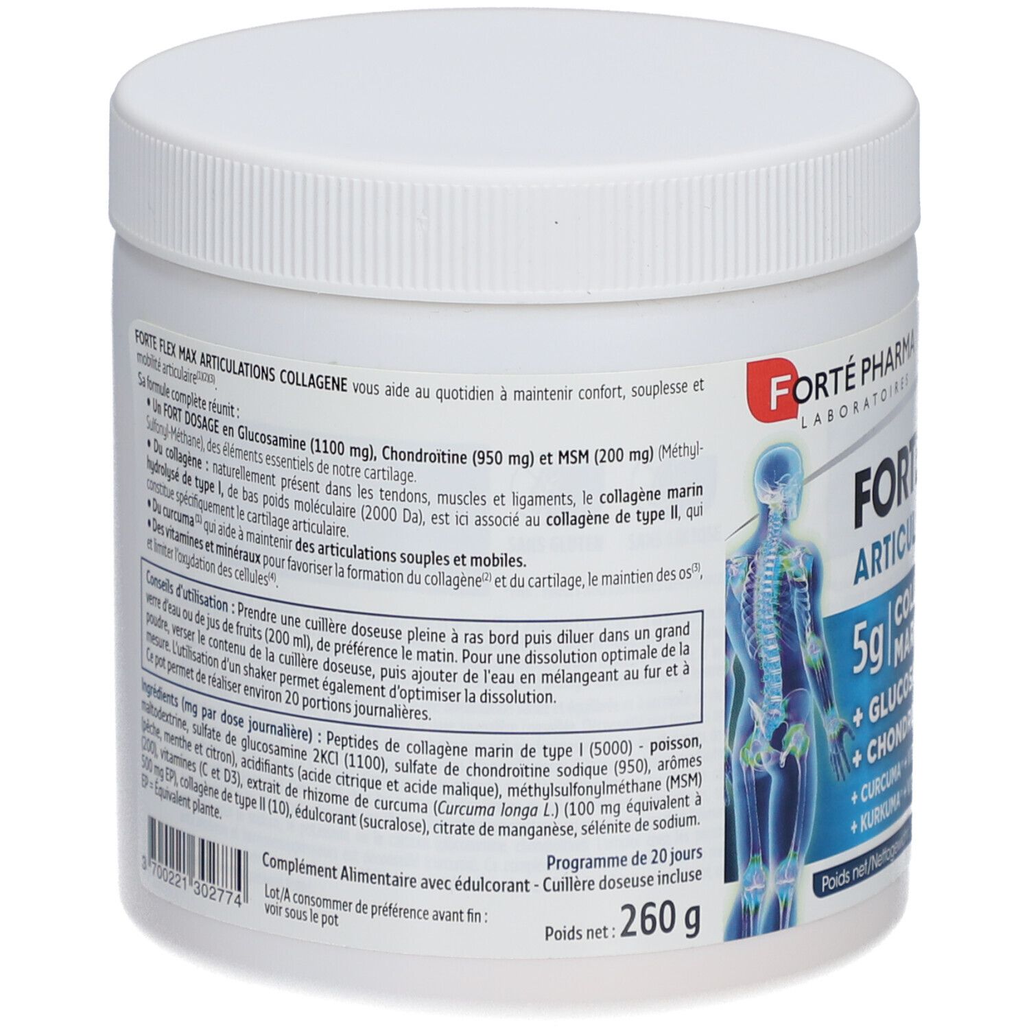 Dos du pot blanc. Texte: Forté Flex Max, ingrédients, dosage, mode d'emploi. Illustration squelette humain.
