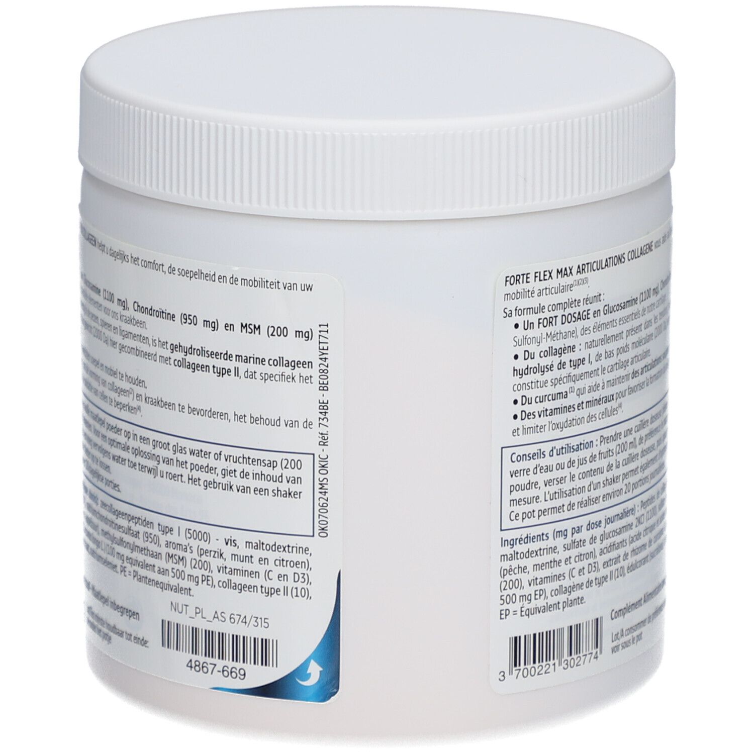 Dos du pot blanc. Texte: Forté Flex Max, ingrédients, dosage, mode d'emploi. Illustration squelette humain.