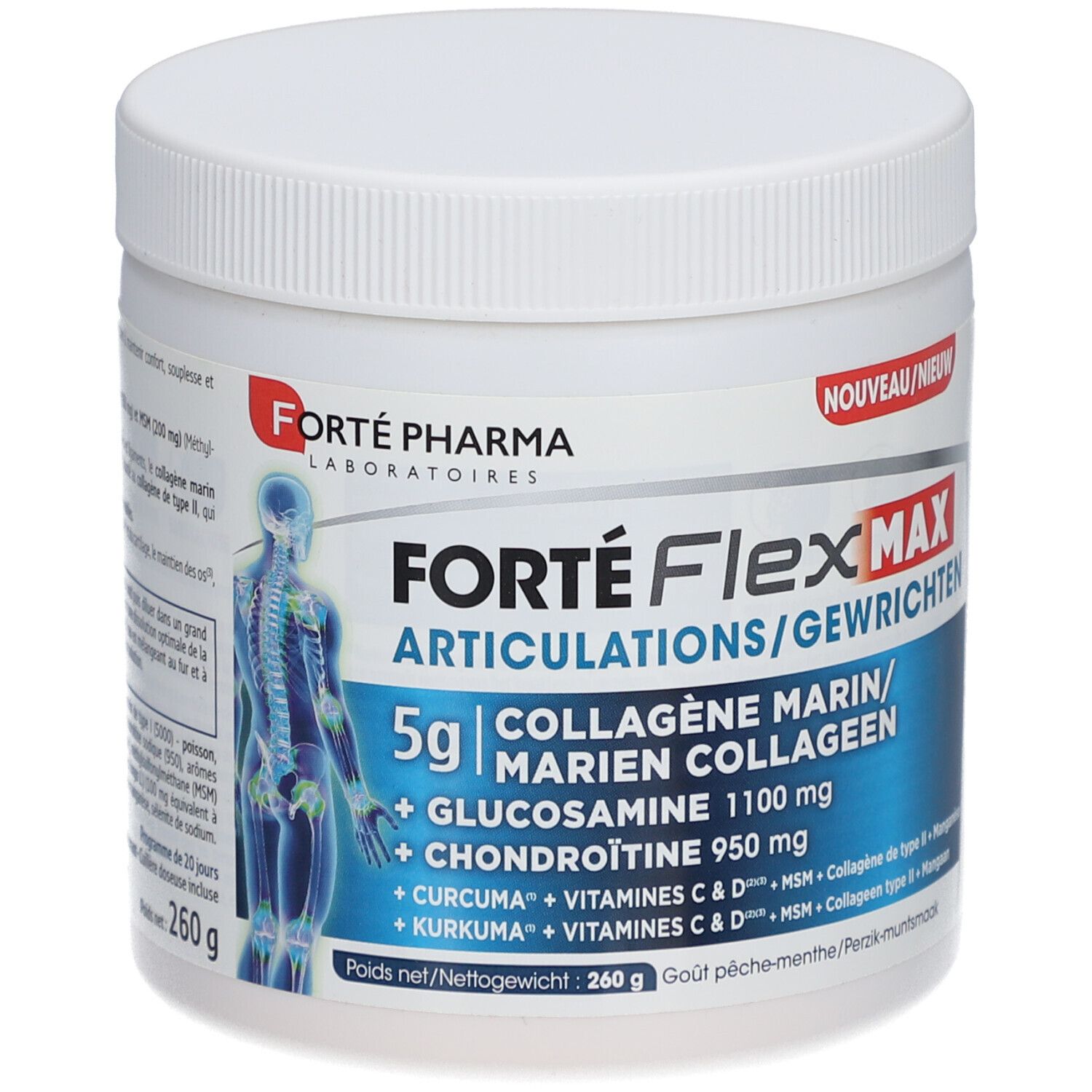 Pot blanc avec étiquette bleue. Texte: Forté Flex Max, articulations, collagène marin, glucosamine, chondroïtine, curcuma, vitamines.