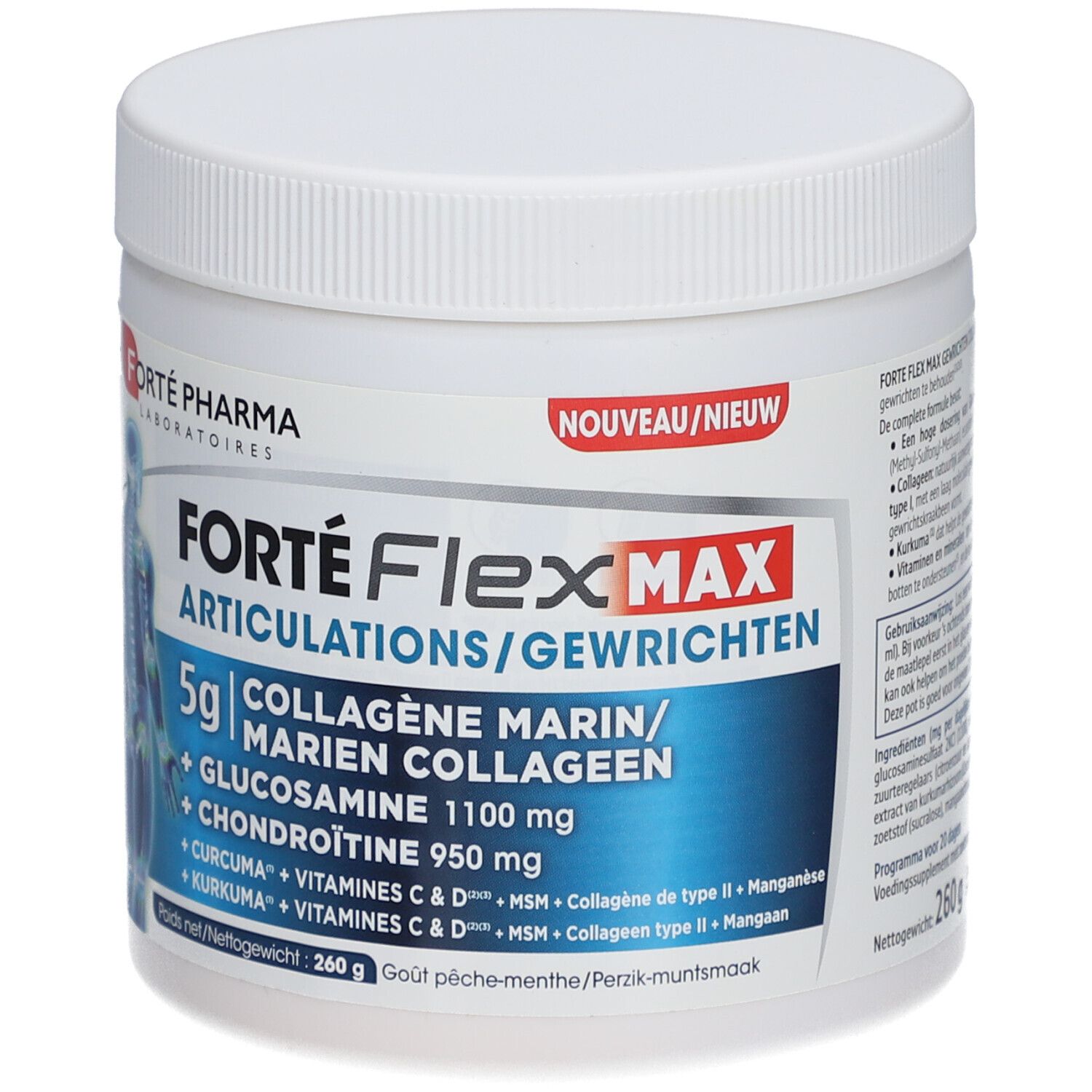 Pot blanc avec étiquette bleue. Texte: Forté Flex Max, articulations, collagène marin, glucosamine, chondroïtine, curcuma, vitamines.