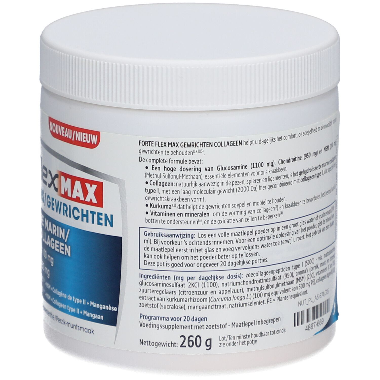 Dos du pot blanc. Texte: Forté Flex Max, ingrédients, dosage, mode d'emploi. Illustration squelette humain.