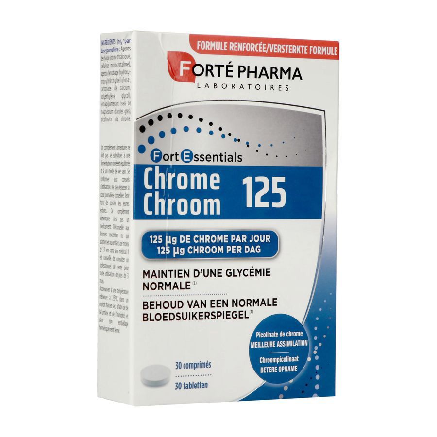 Boîte de Forté Pharma Chrom 125. Emballage bleu et blanc avec nom et informations. Contient 30 comprimés.