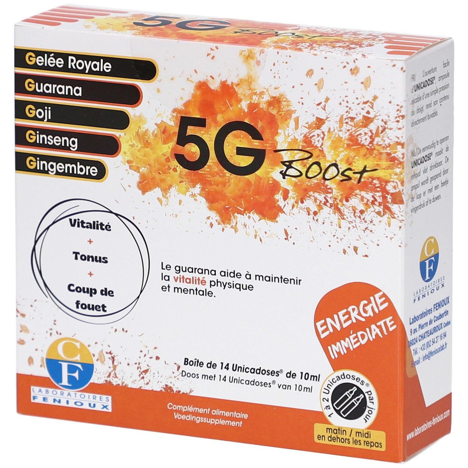 Boîte "5G Boost" avec 14 unidoses. Ingrédients : Gelée Royale, Guarana, Goji, Ginseng, Gingembre. Logo.