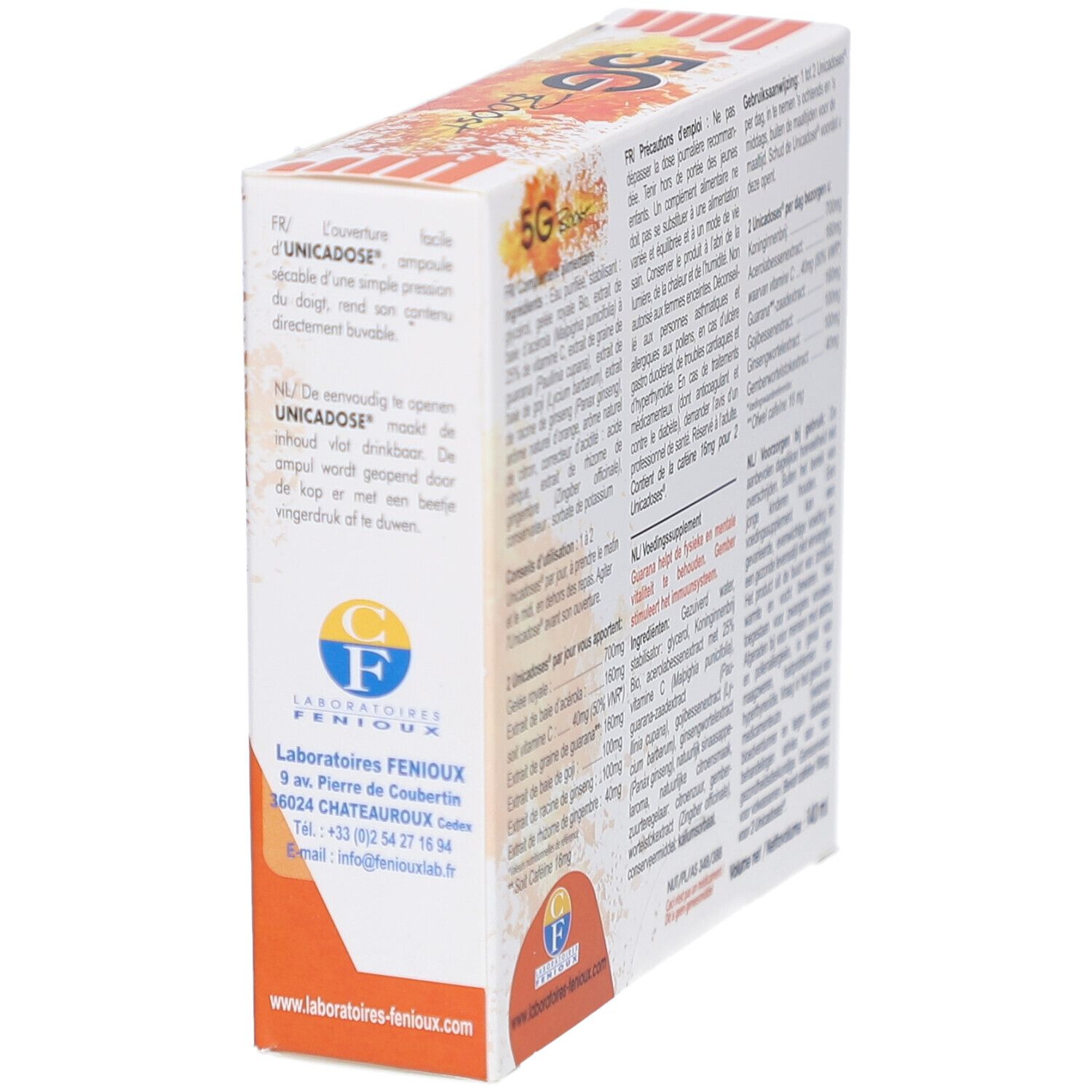 Boîte "5G Boost" en perspective. Texte: Unicadose. Logo Laboratoires Fenioux. Texte multilingue.