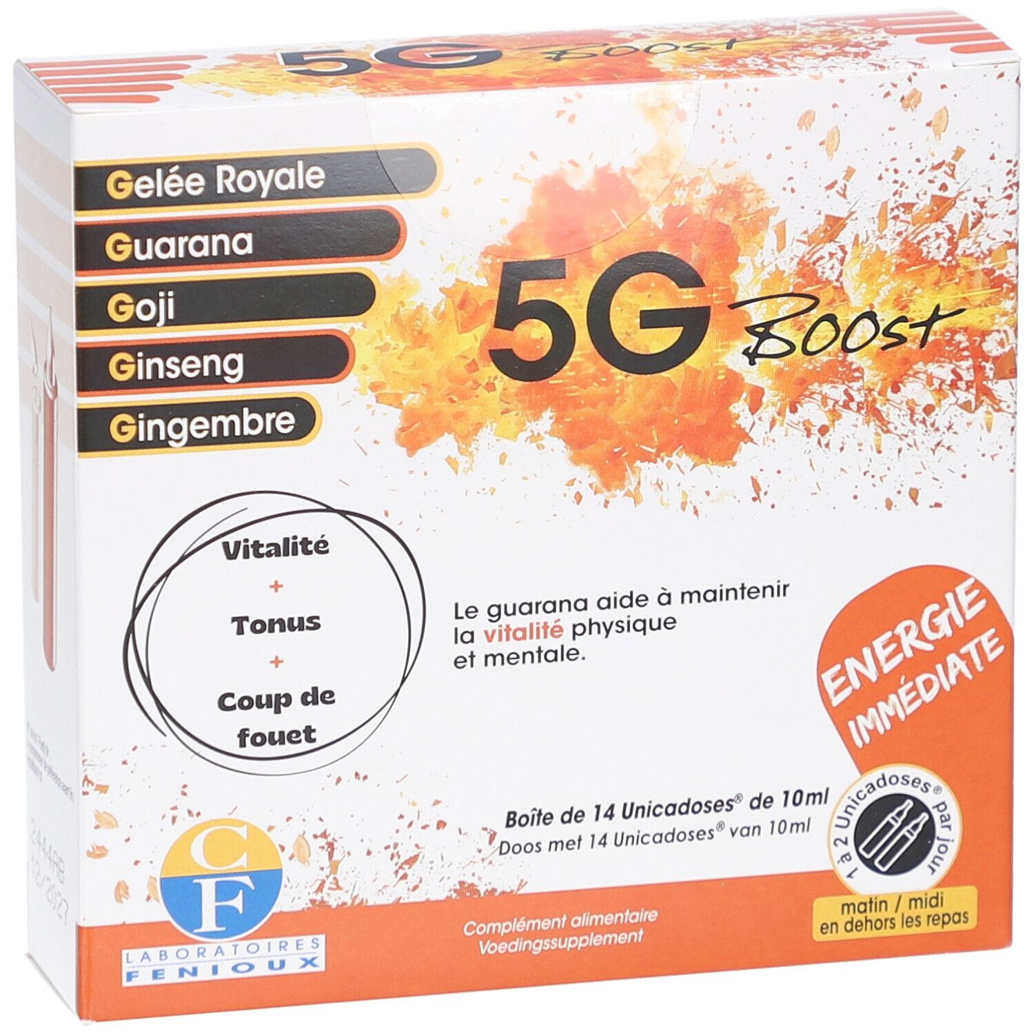 Boîte "5G Boost". Inscriptions: Gelée Royale, Guarana, Goji, Ginseng, Gingembre. Logo. Texte: Énergie Immédiate.