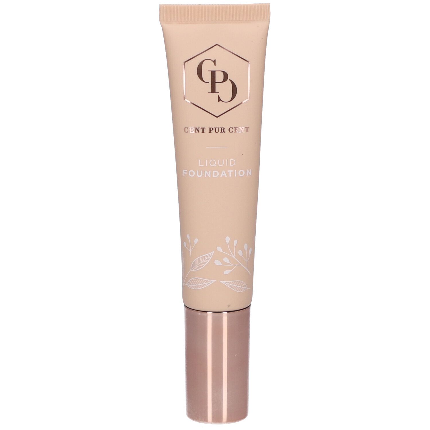 Tube beige avec bouchon rose doré. Logo et texte: Cent Pur Cent Liquid Foundation.