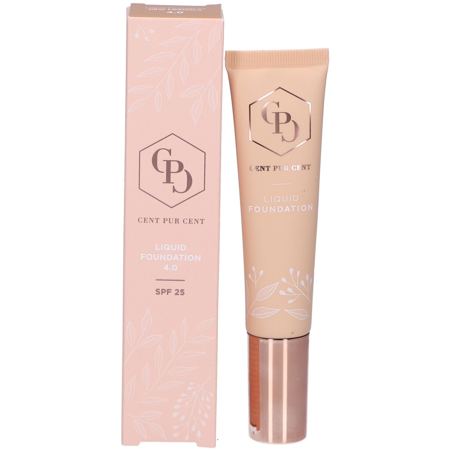 Emballage et tube. Emballage: rose, logo, texte, motif floral. Tube: beige, bouchon or rose.