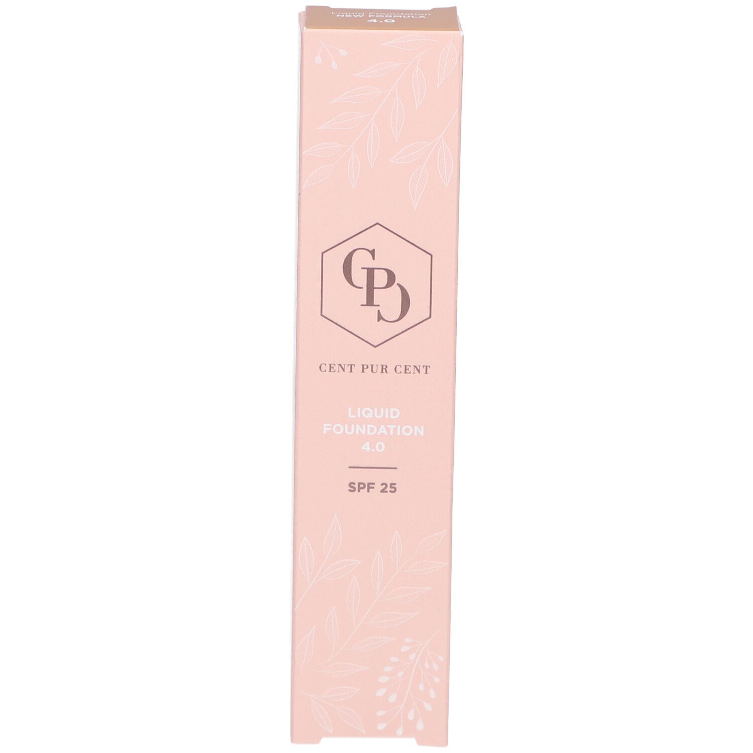 Emballage rose. Logo, texte: Cent Pur Cent Liquid Foundation 4.0 SPF 25, motif floral.