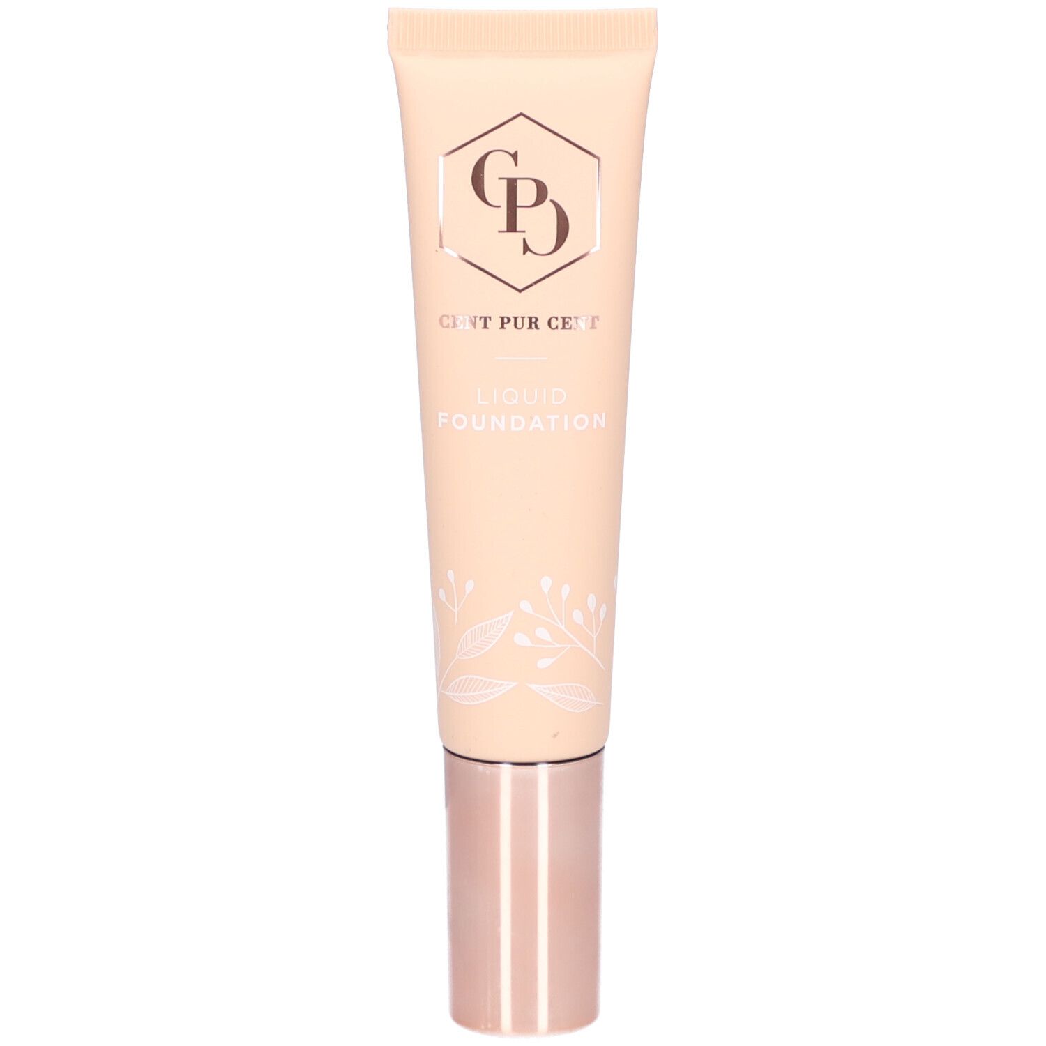 Tube beige avec bouchon or rose. Logo et texte: Cent Pur Cent Liquid Foundation.