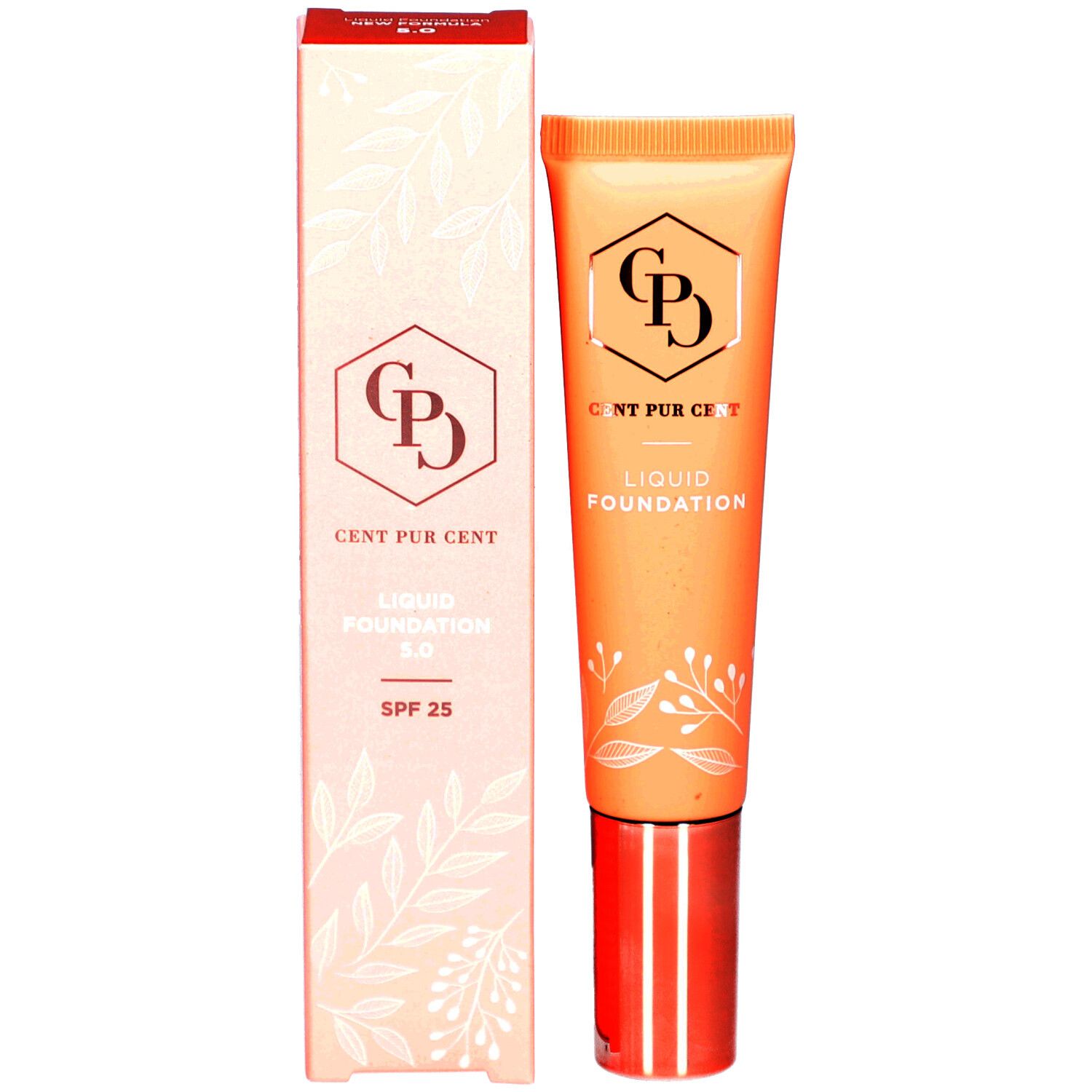 Tube et emballage. Tube: beige, bouchon or rose. Emballage: rose, logo, texte: Liquid Foundation 5.0, SPF 25.