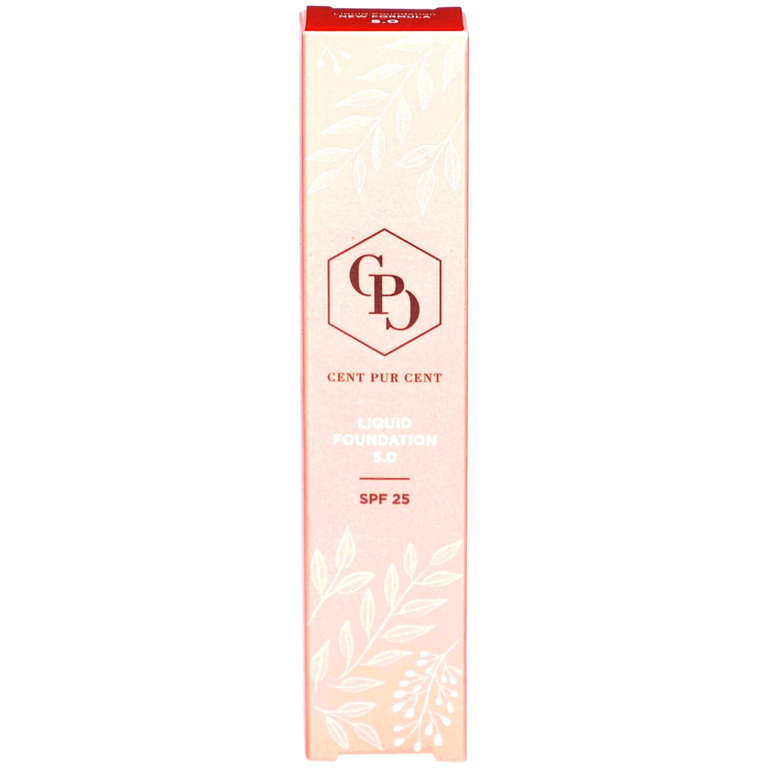 Emballage. Rose. Logo, texte: Cent Pur Cent Liquid Foundation 5.0, SPF 25. Décor floral.