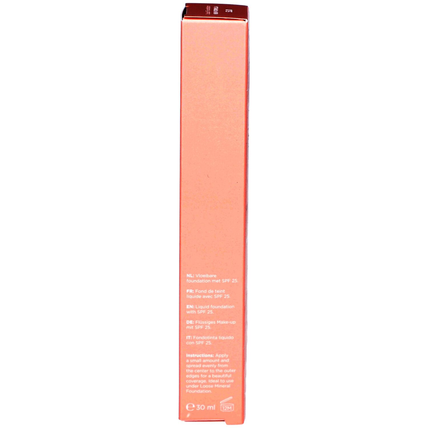 Emballage. Dos. Rose. Texte multilingue, dont Foundation, SPF 25, 30 ml.