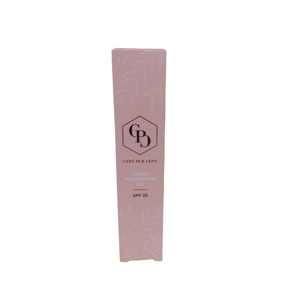 Emballage rose avec logo et texte. Contient Liquid Foundation SPF 25. Motifs floraux.