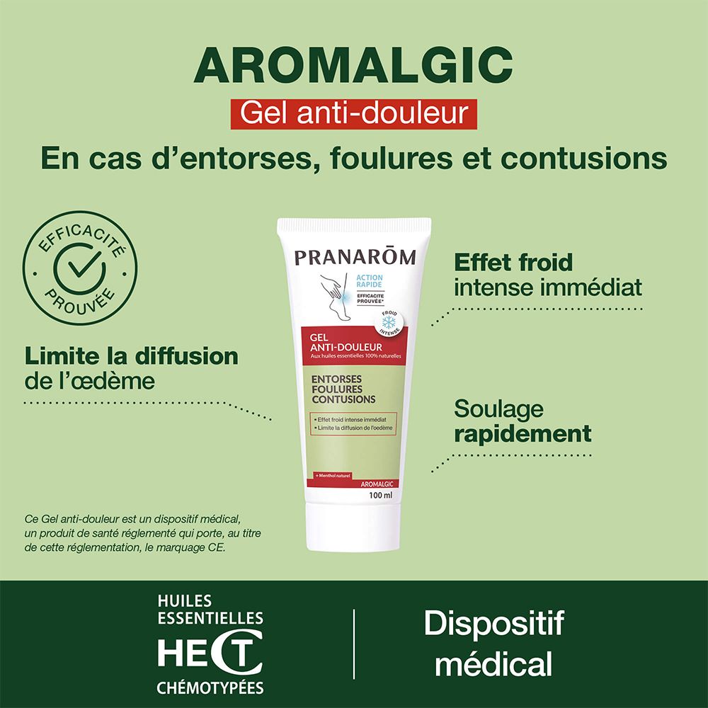 Tube blanc et rouge de gel Anti-douleur. Texte: Aromalgic, En cas d'entorses, foulures et contusions. Avec marquage CE.