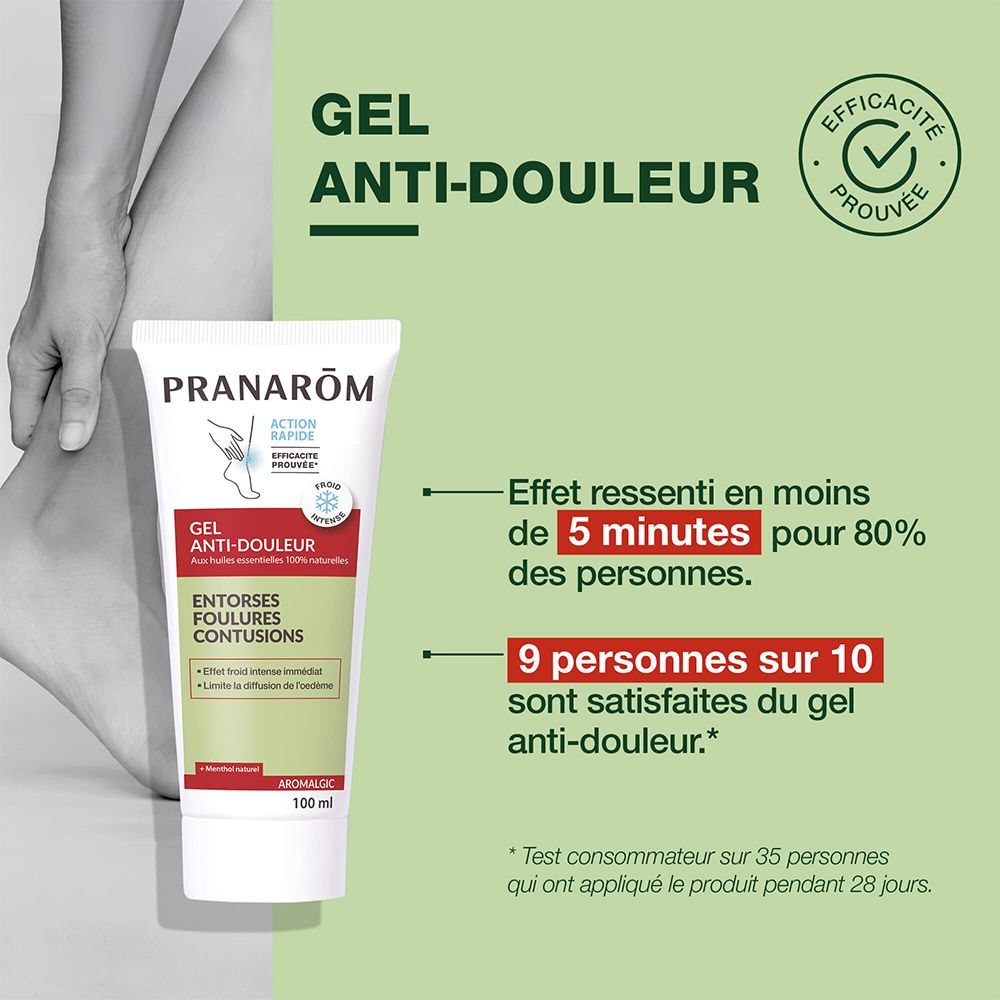 Tube blanc et rouge de gel Anti-douleur. Texte: En moins de 5 minutes pour 80% des personnes. 9 personnes sur 10 sont satisfaites.