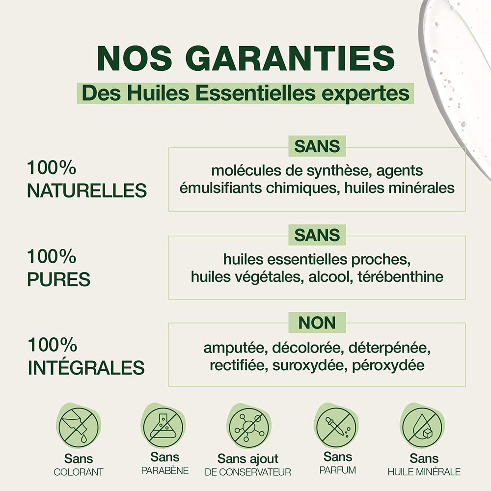 Texte: Nos garanties. 100% naturelles, pures, intégrales. Sans molécules synthétiques, conservateurs, parfum.