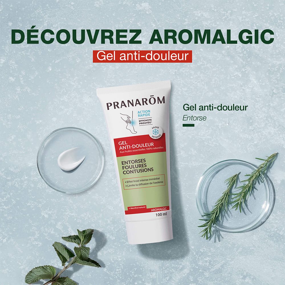 Tube blanc et rouge de gel Anti-douleur et coupelle de gel. Texte: Aromalgic, En cas d'entorses, foulures et contusions. Avec herbes.