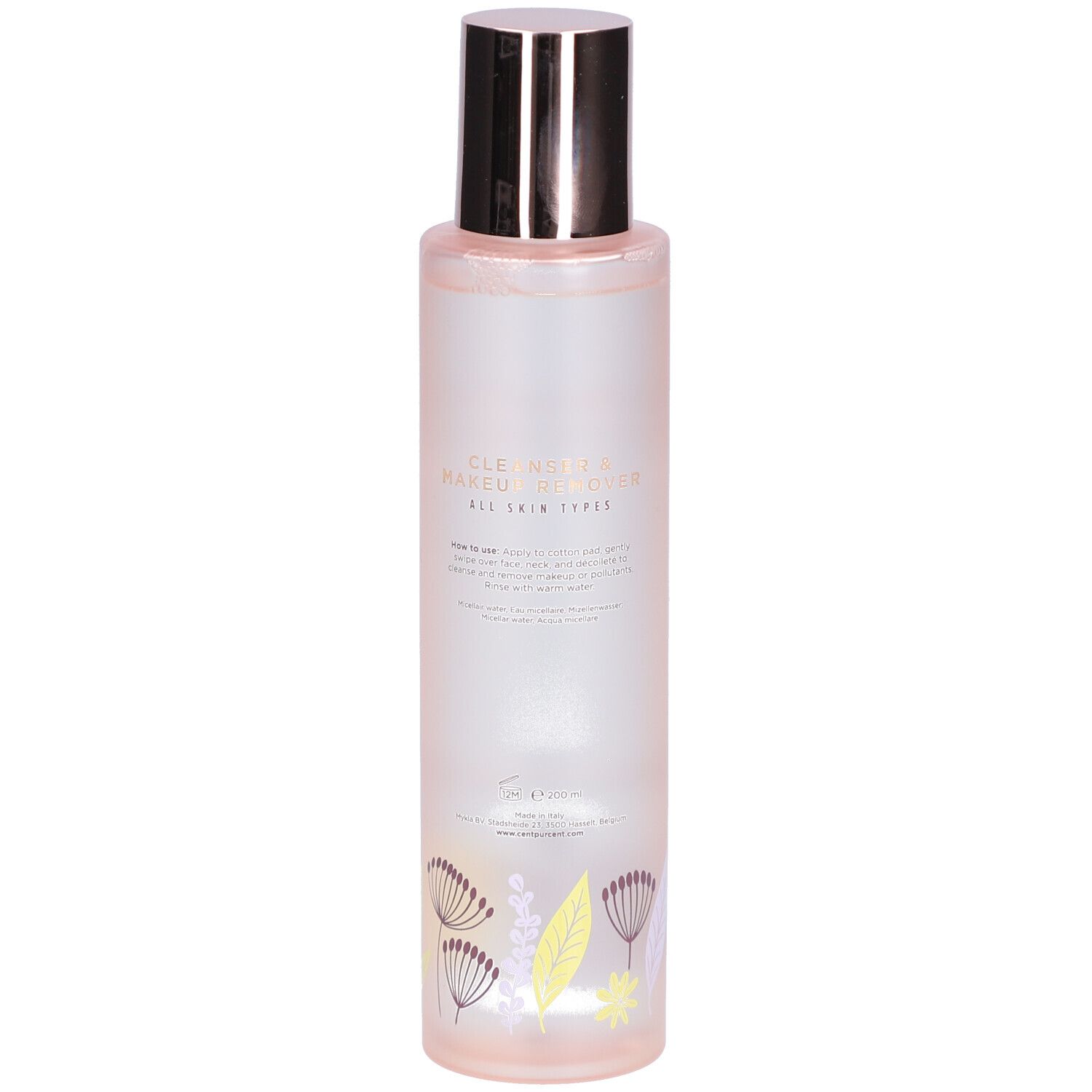 Flacon cylindrique, bouchon argenté. Inscription: CLEANSER MAKEUP REMOVER. Pour tous types de peaux. Motif floral en bas.