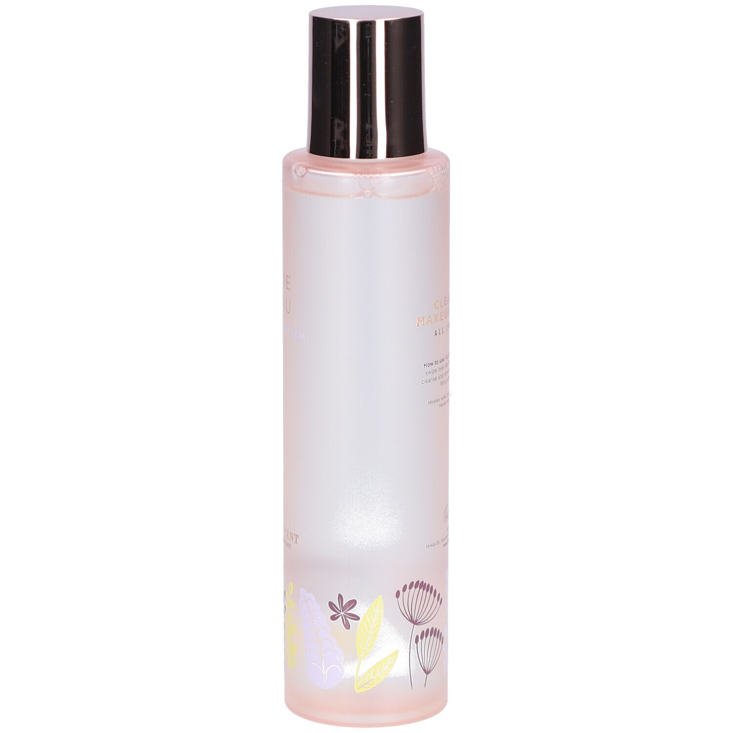 Flacon cylindrique, bouchon argenté. Motif floral en bas. Teinte rose. Texte illisible.