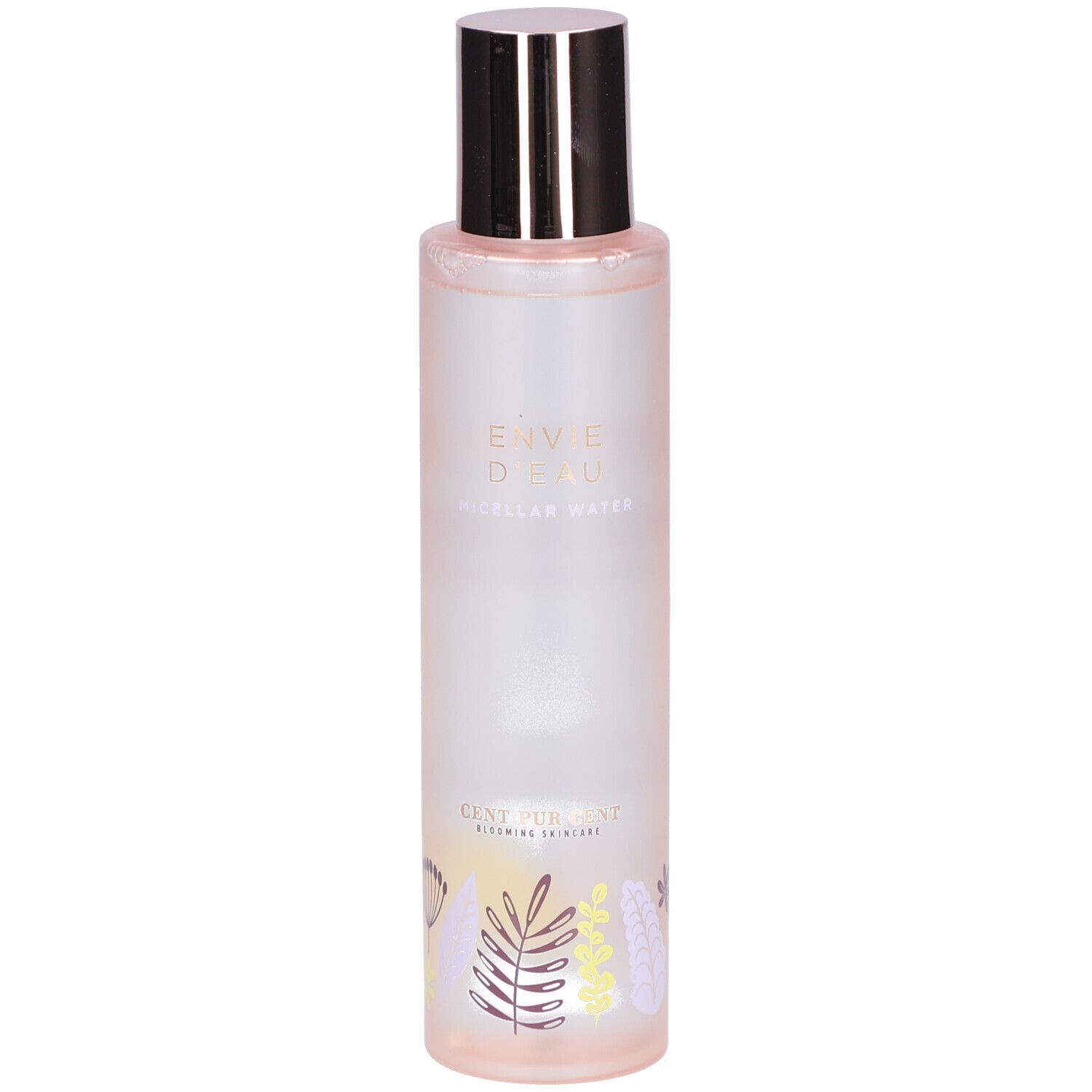 Flacon cylindrique, bouchon argenté. Inscription: ENVIE D'EAU MICELAR WATER. Motif floral en bas. Teinte rose.