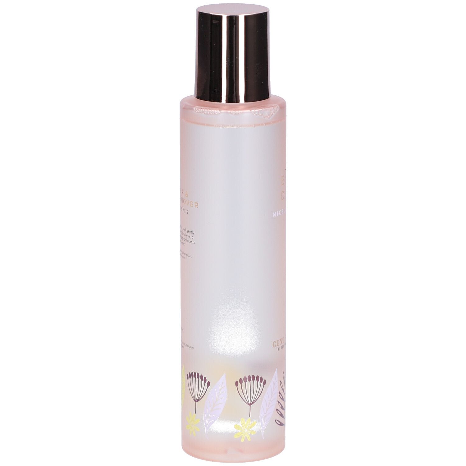 Flacon cylindrique, bouchon argenté. Motif floral en bas. Teinte rose. Texte illisible.