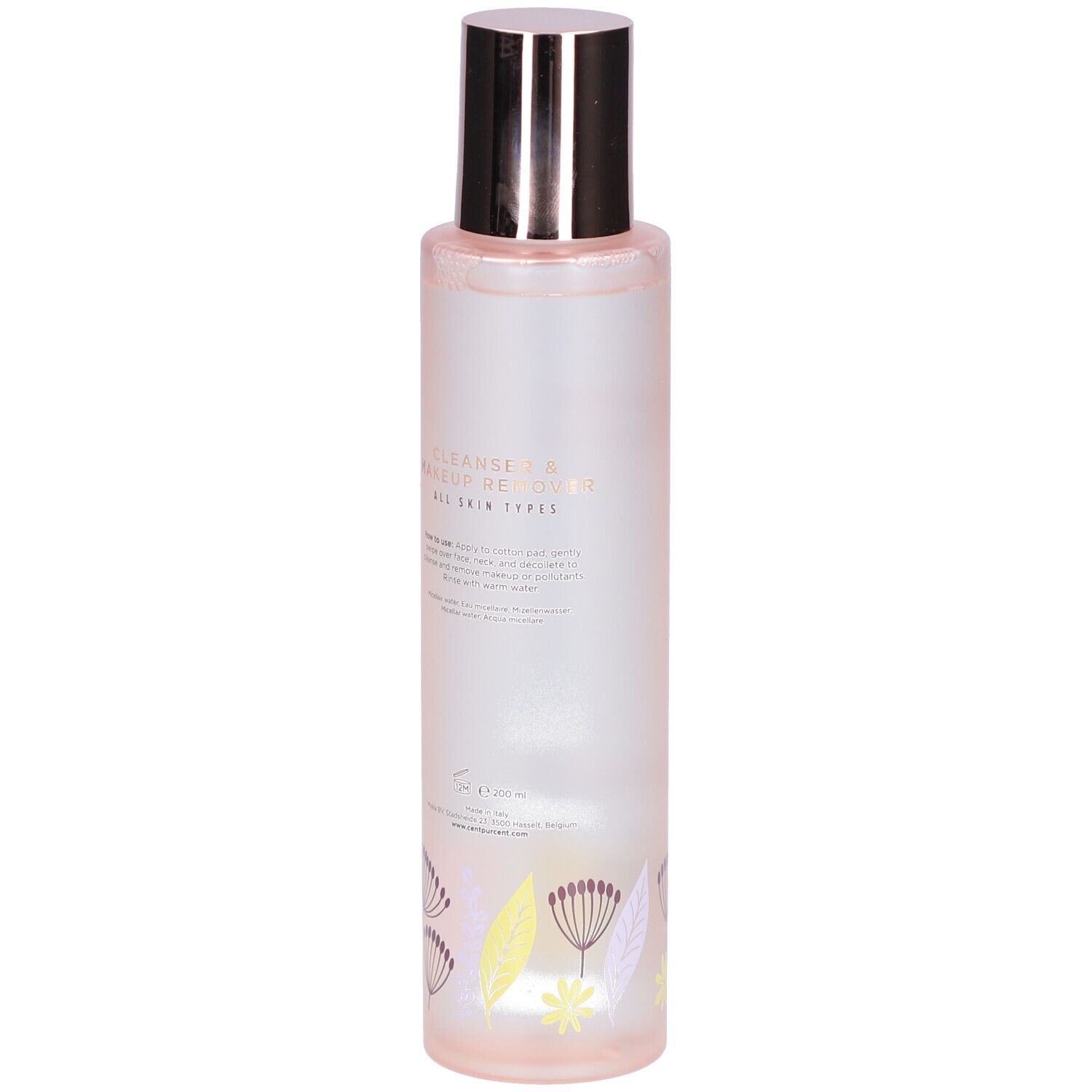 Flacon cylindrique, bouchon argenté. Inscription: CLEANSER & MAKEUP REMOVER. Pour tous types de peaux. Motif floral.