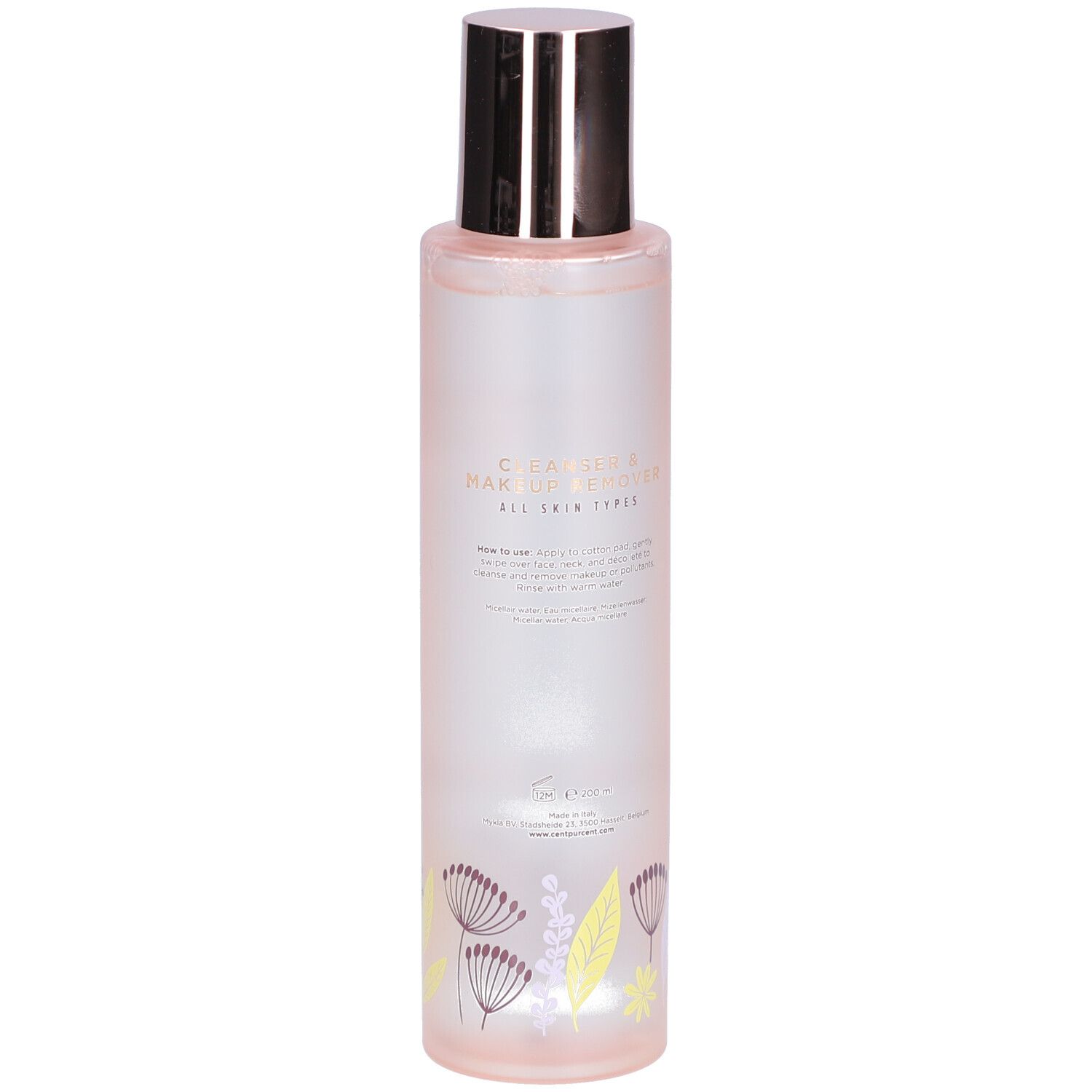 Flacon cylindrique, bouchon argenté. Inscription: CLEANSER MAKEUP REMOVER. Pour tous types de peaux. Motif floral.