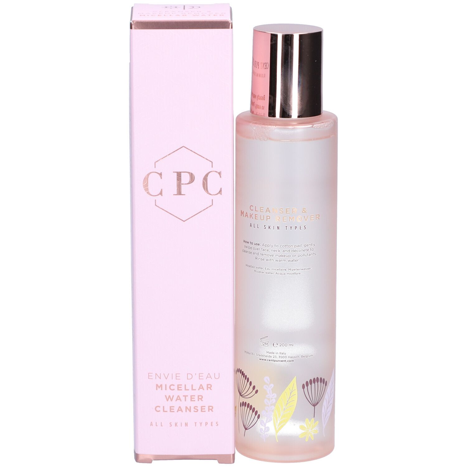 Boîte et flacon roses. Inscription: CPC, ENVIE D'EAU, MICELAR WATER CLEANSER. Pour tous types de peaux. Bouchon argenté.