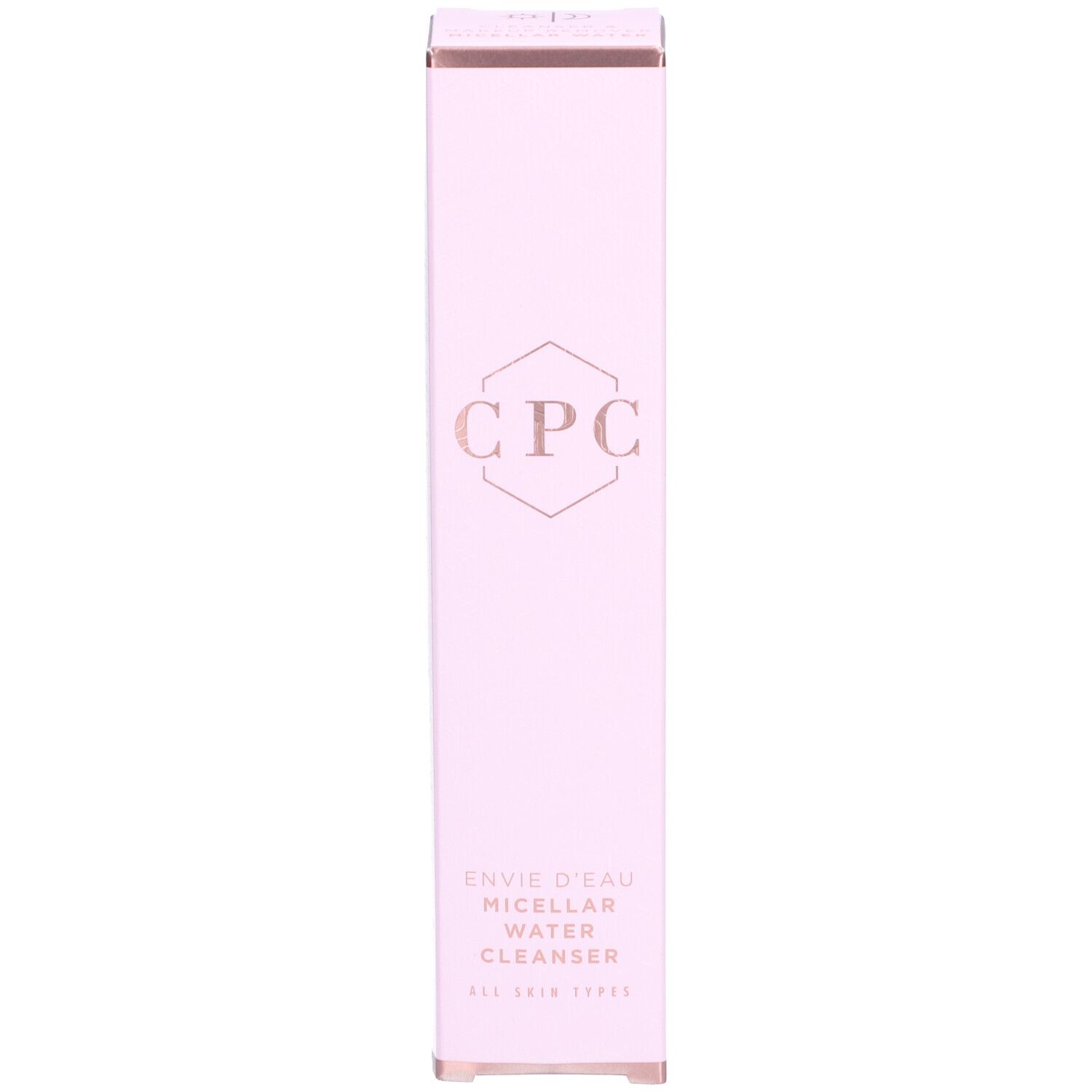 Boîte rose. Inscription: CPC, ENVIE D'EAU, MICELAR WATER CLEANSER. Pour tous types de peaux. Forme rectangulaire.