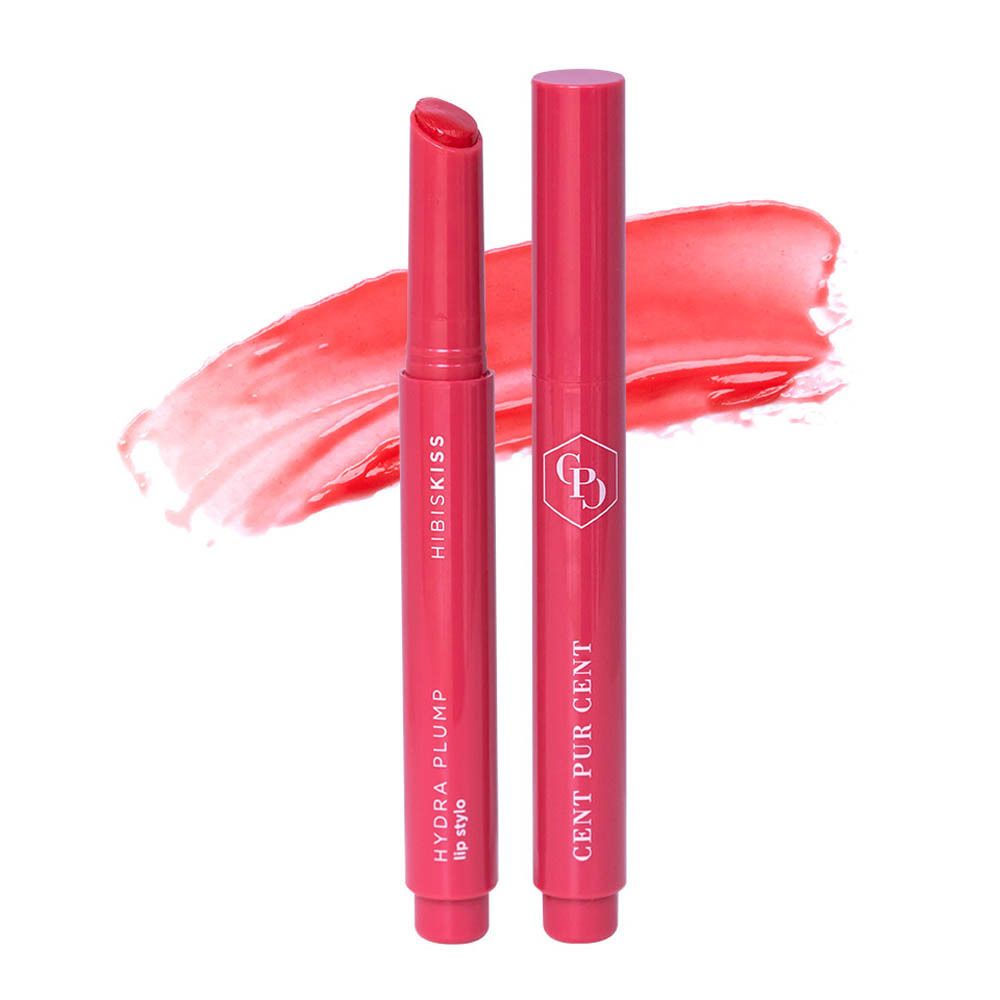 Deux rouges à lèvres. Un ouvert, un fermé. Inscription : CENT PUR CENT, HYDRA PLUMP lip stylo, HIBISKISS. Rose.