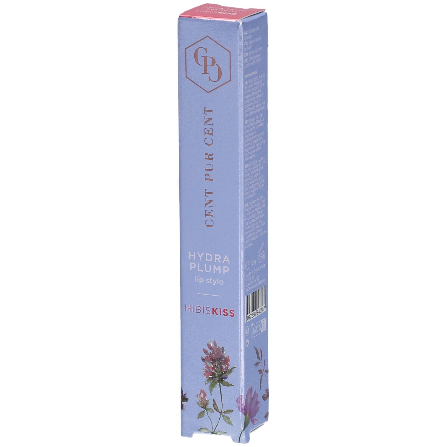 Boîte Cent Pur Cent Hydra Plump Stulo Hibiskiss. Fond bleu clair, nom du produit et logo.