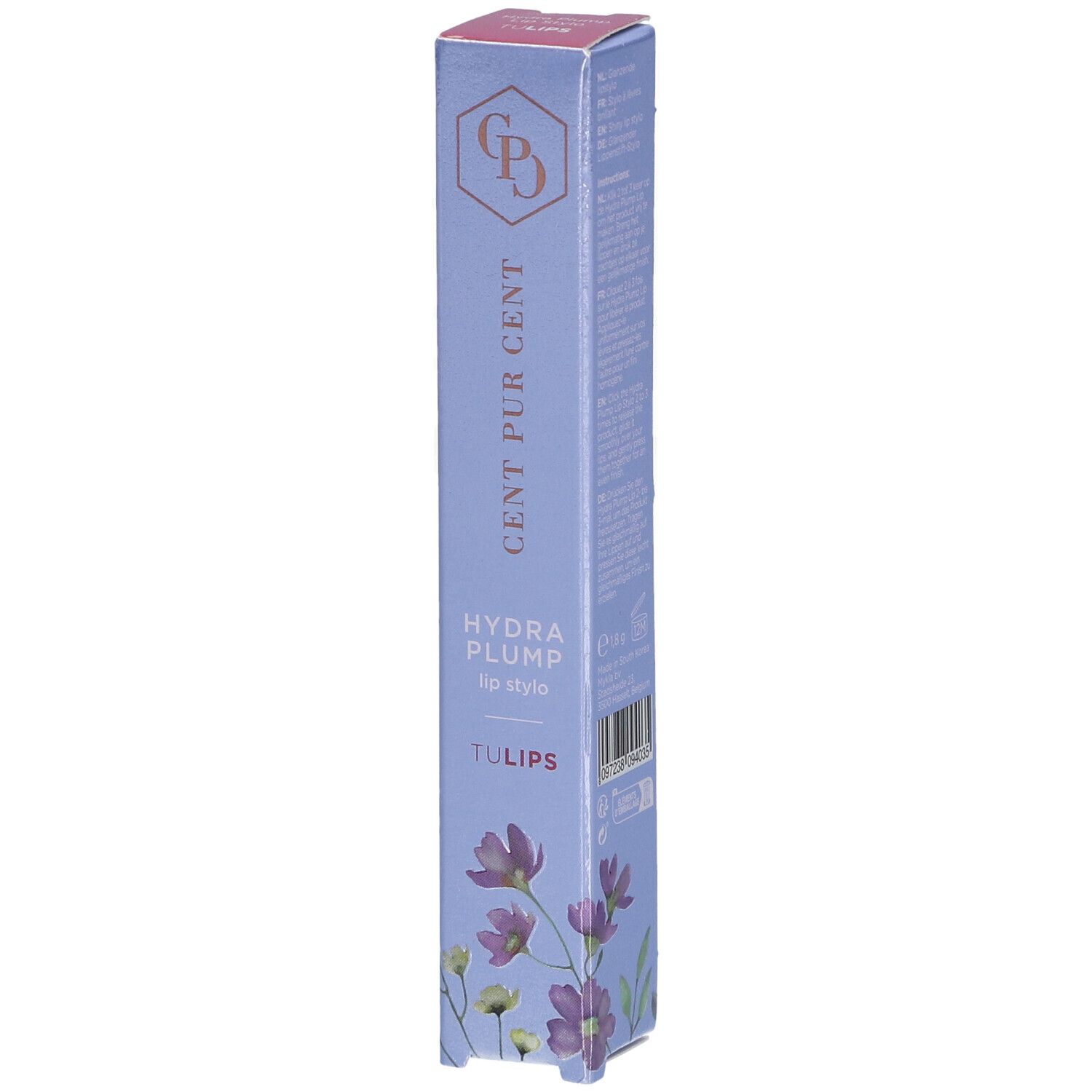 Emballage long et fin. Inscription: CENT PUR CENT, HYDRA PLUMP lip stylo, TULIPS. Motif floral.