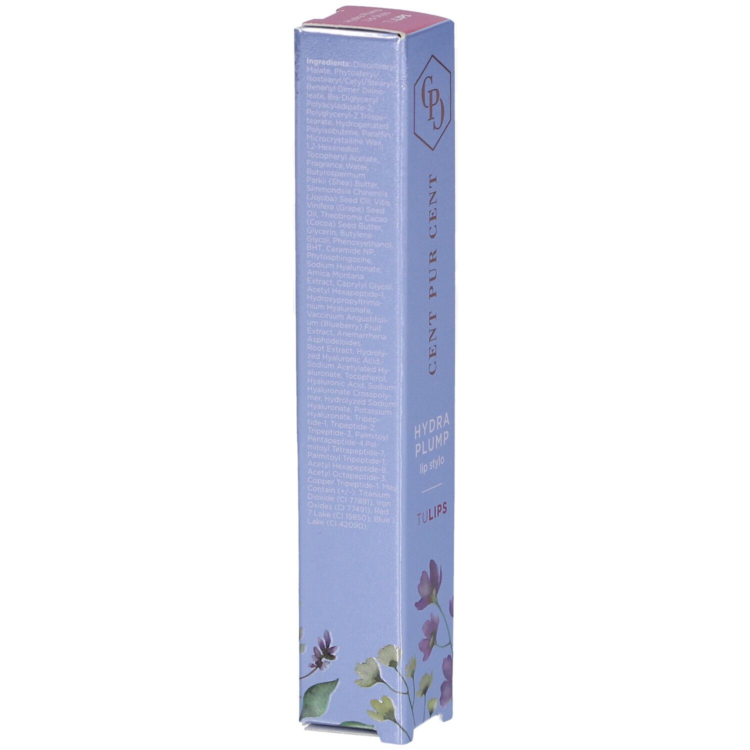 Emballage long et fin. Texte sur le côté. Motif floral en bas.