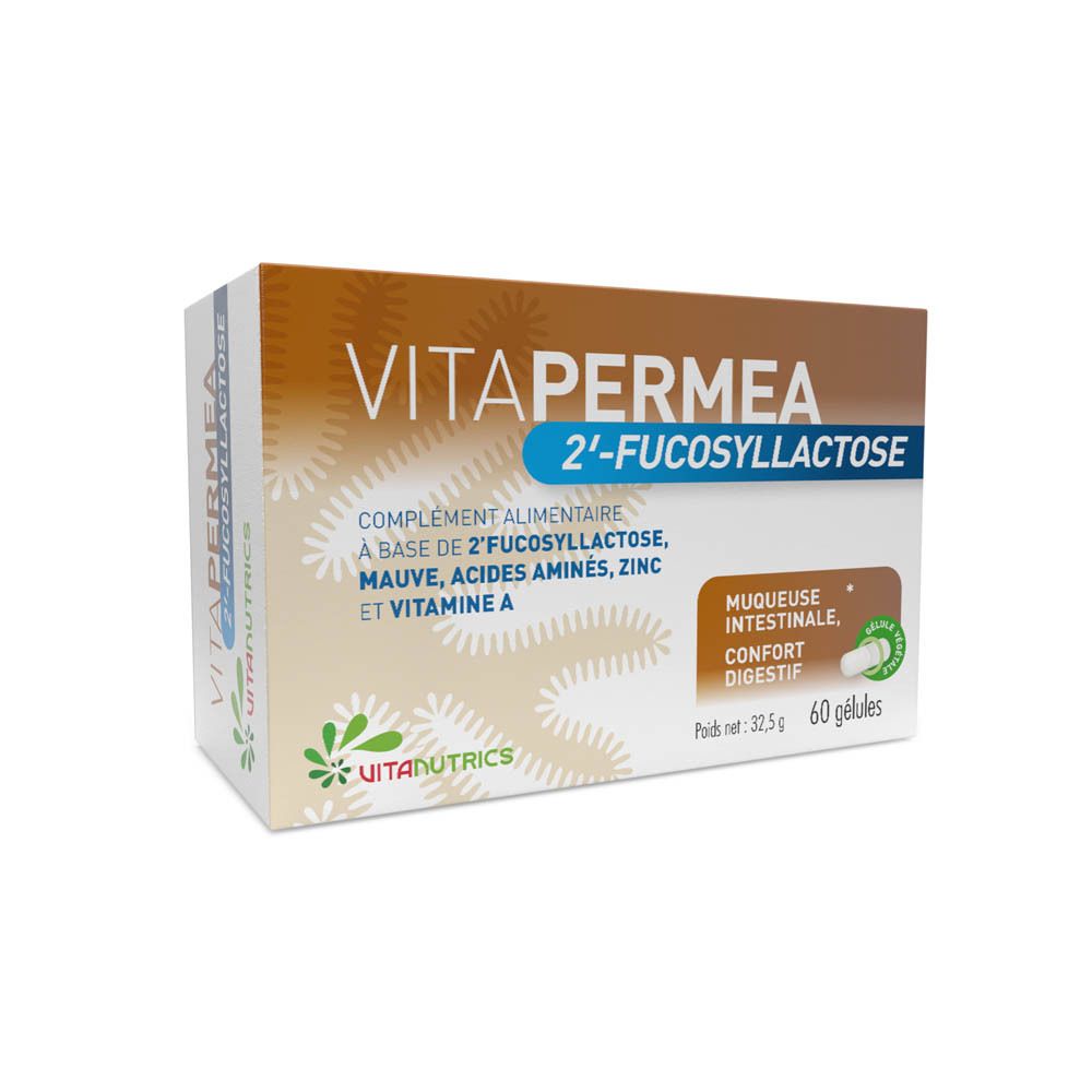 Boîte Vitanutrika Vitapermea. Boîte marron et blanche avec nom et ingrédients. 60 gélules.