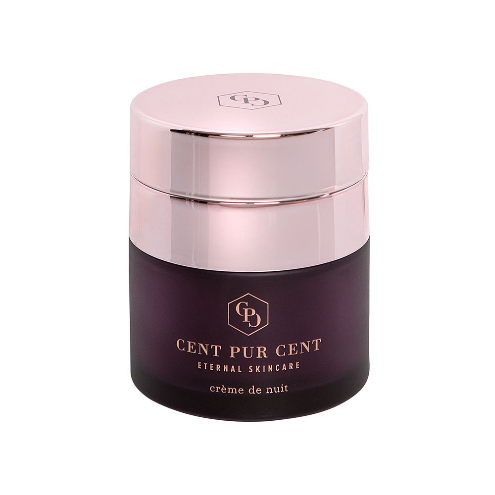 Pot de crème violet foncé avec couvercle argenté. Inscription : CENT PUR CENT, Eternal Skincare, crème de nuit.