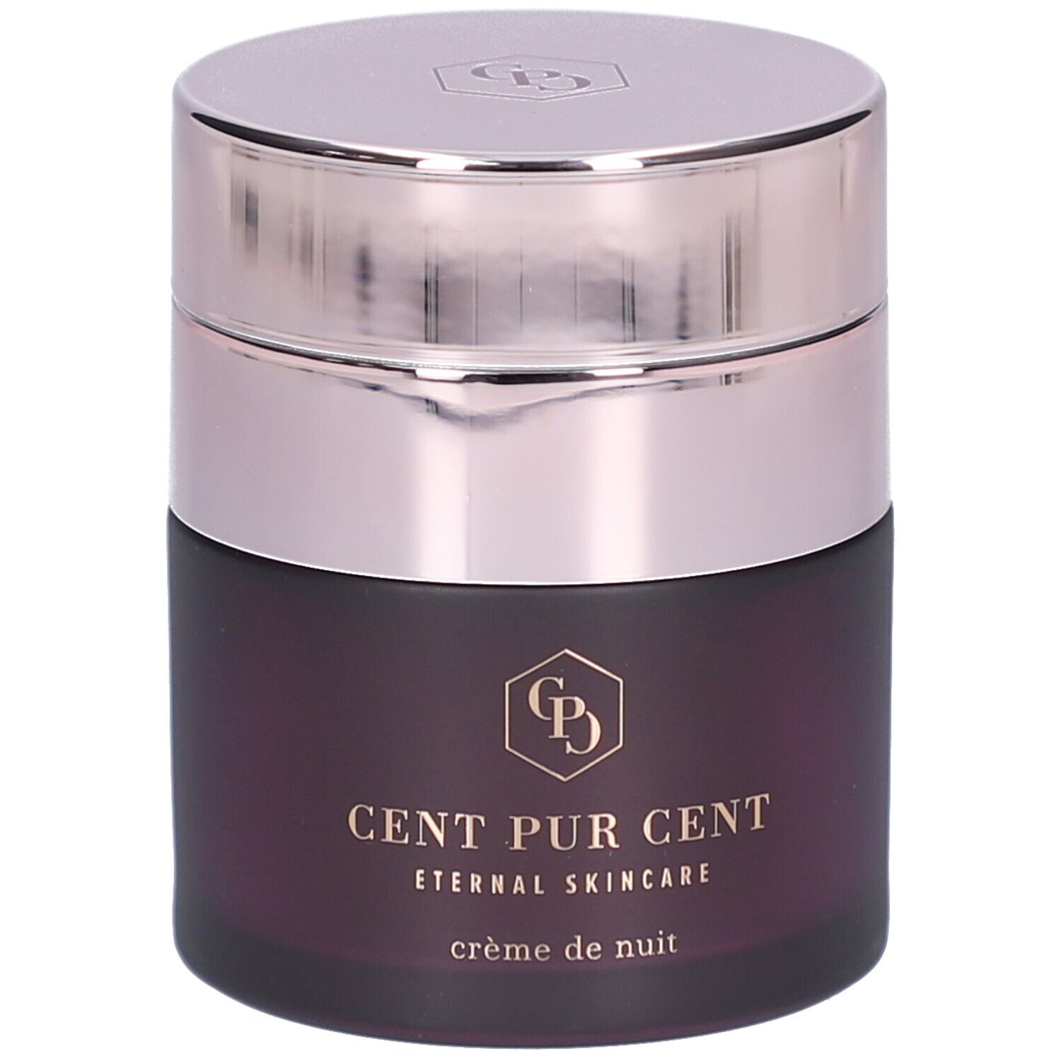 Pot rond avec couvercle argenté. Inscription : CENT PUR CENT, Eternal Skincare, crème de nuit. Logo.