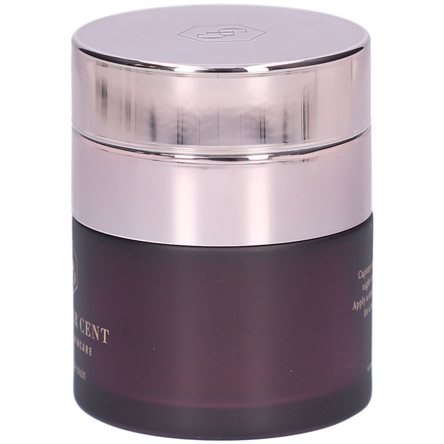 Pot rond avec couvercle argenté. Inscription : CENT PUR CENT, Eternal Skincare, crème de nuit. Logo.