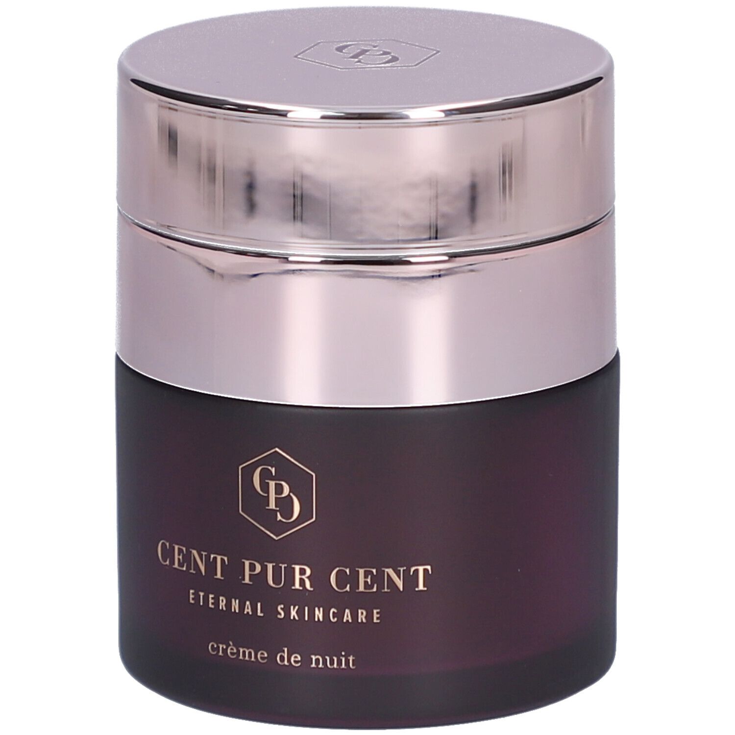 Pot rond avec couvercle argenté. Inscription : CENT PUR CENT, Eternal Skincare, crème de nuit. Logo.