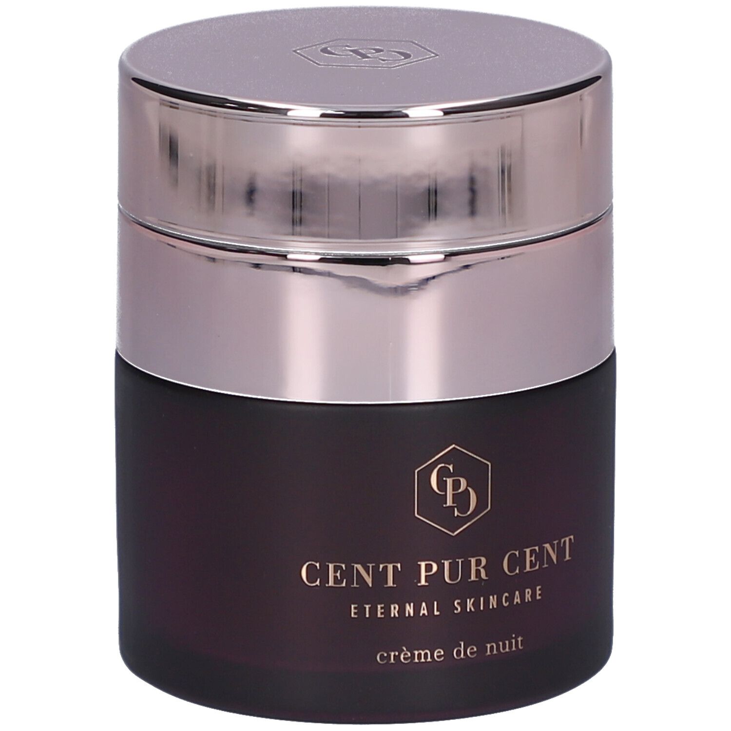 Pot rond avec couvercle argenté. Inscription : CENT PUR CENT, Eternal Skincare, crème de nuit. Logo.