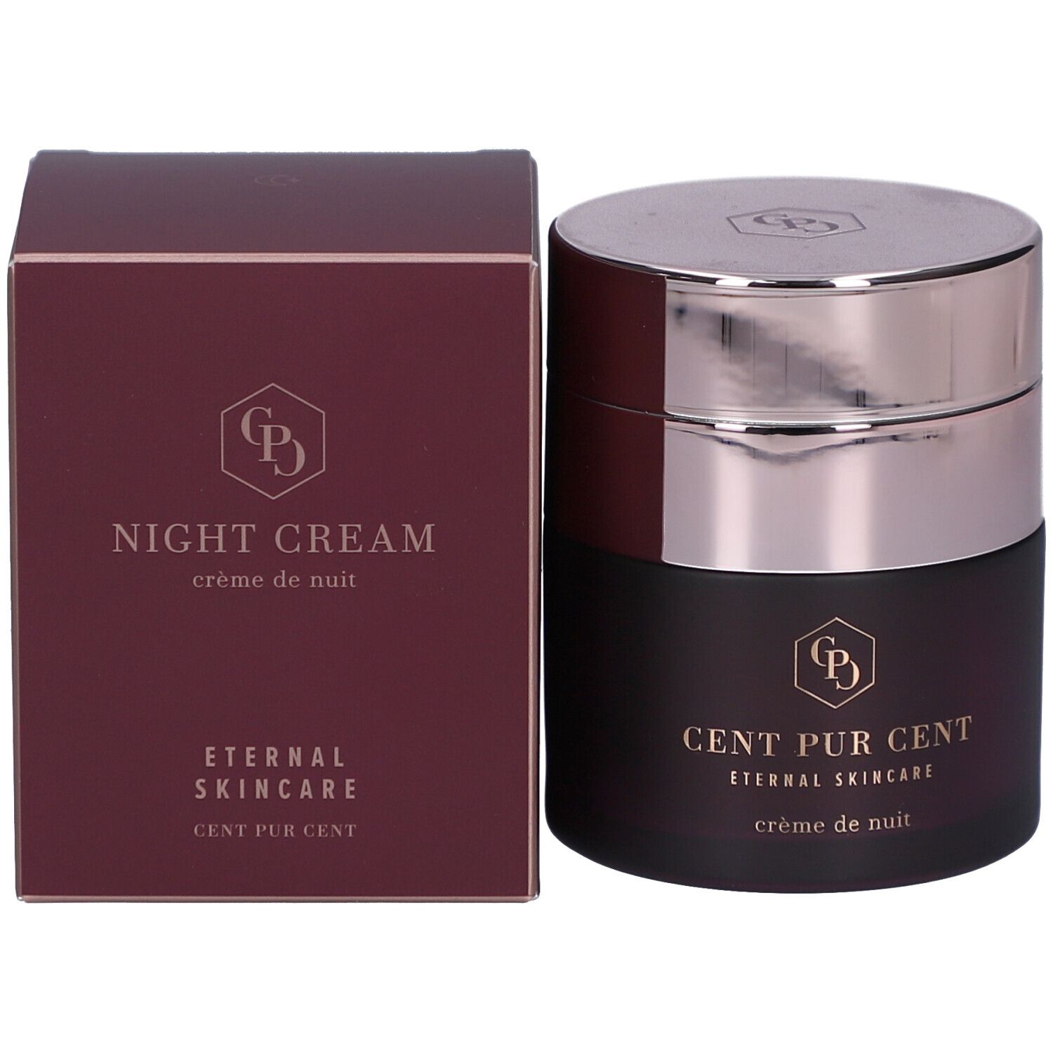 Produit et emballage. Pot avec couvercle argenté et inscription. Boîte rectangulaire avec logo et texte.