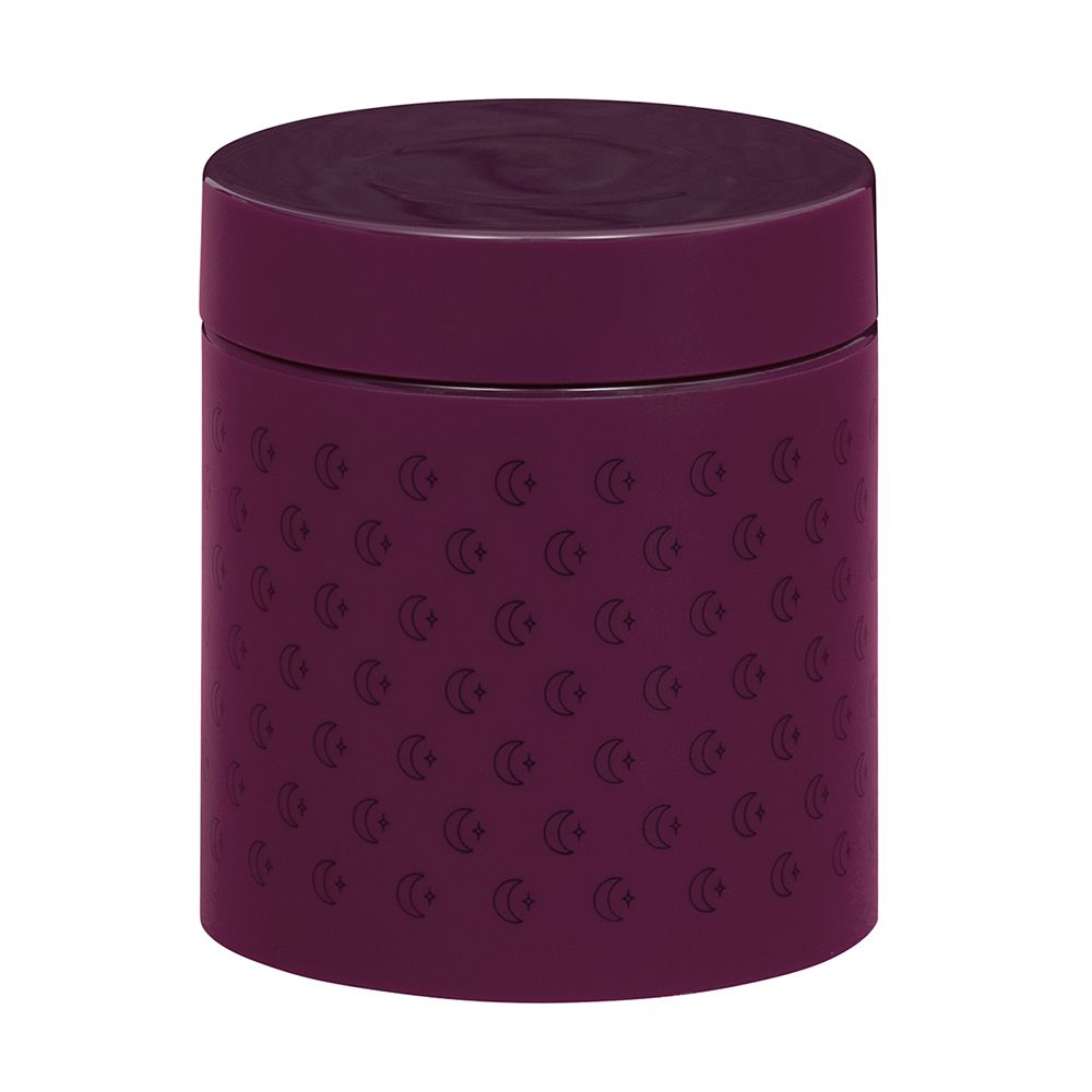 Pot cylindrique bordeaux avec couvercle. Motifs de lunes sur le pot.