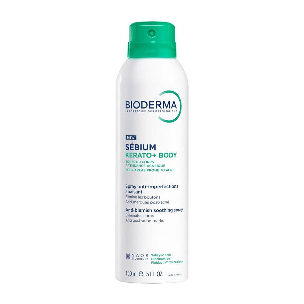 Spray blanc, bouchon vert. Inscription: Bioderma, Sébium Kerato+ Body. Anti-imperfections, apaisant.