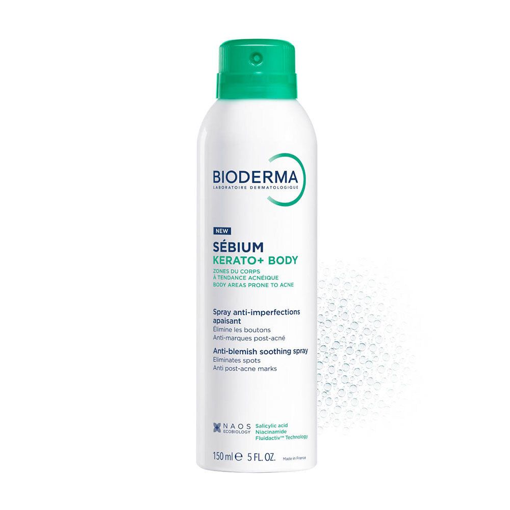 Spray blanc, bouchon vert. Inscription: Bioderma, Sébium Kerato+ Body. Anti-imperfections, apaisant.